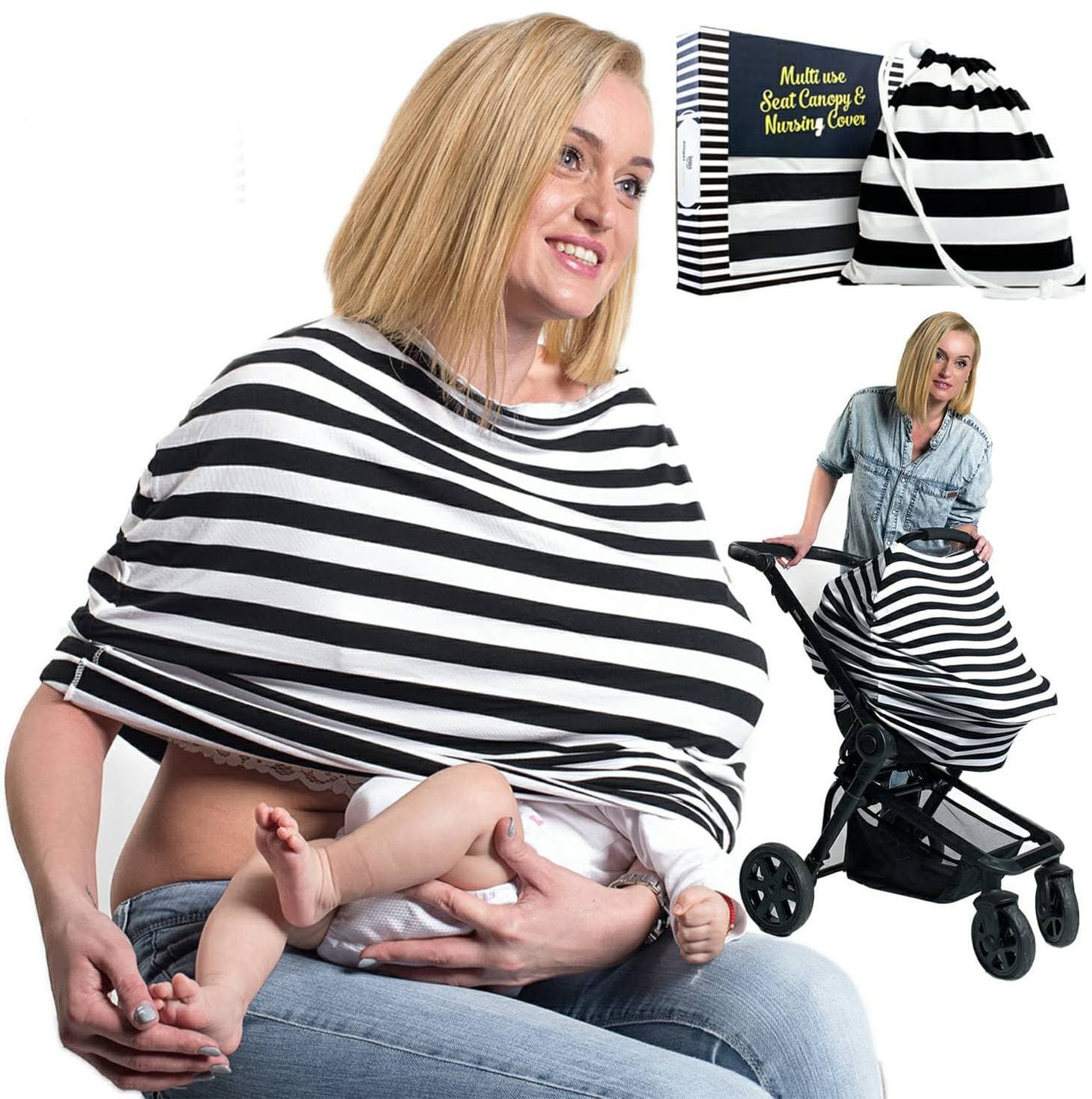 Nursing Covers- Baby Car Seat Canopy - Breastfeeding Cover up for Boys and Girls - Multi Use Infinity Mom Scarf - Carry Bag and Baby Beanie Included by Engelstyling (White and Black)