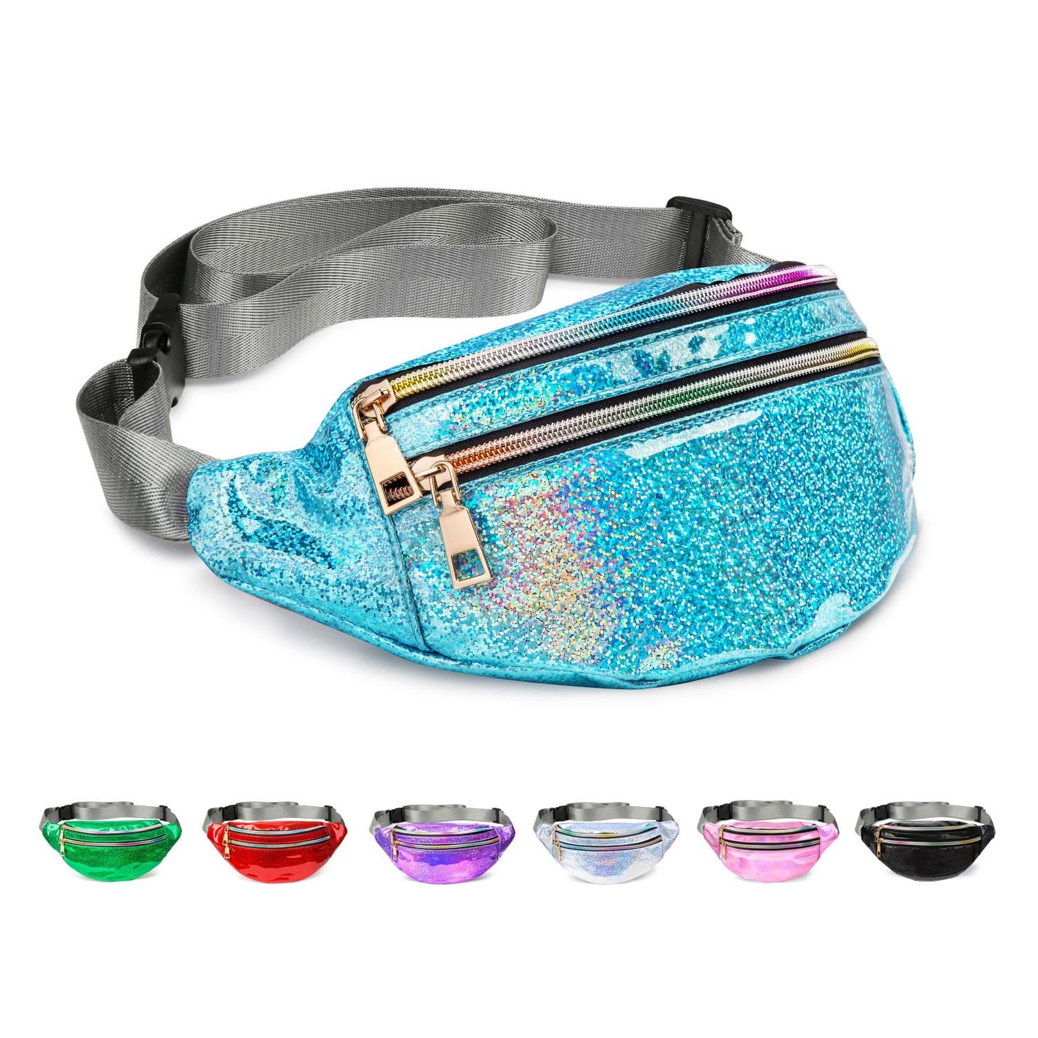 Fanny Pack Belt Bag, Holographic Fanny Packs for Women Men Kids, Fashion Waterproof Waist Pack with 3 Pouches Adjustable Strap, Shiny Causal Bags Cute Bum Bag Hip Sacks for Travel Festival Hiking Rave