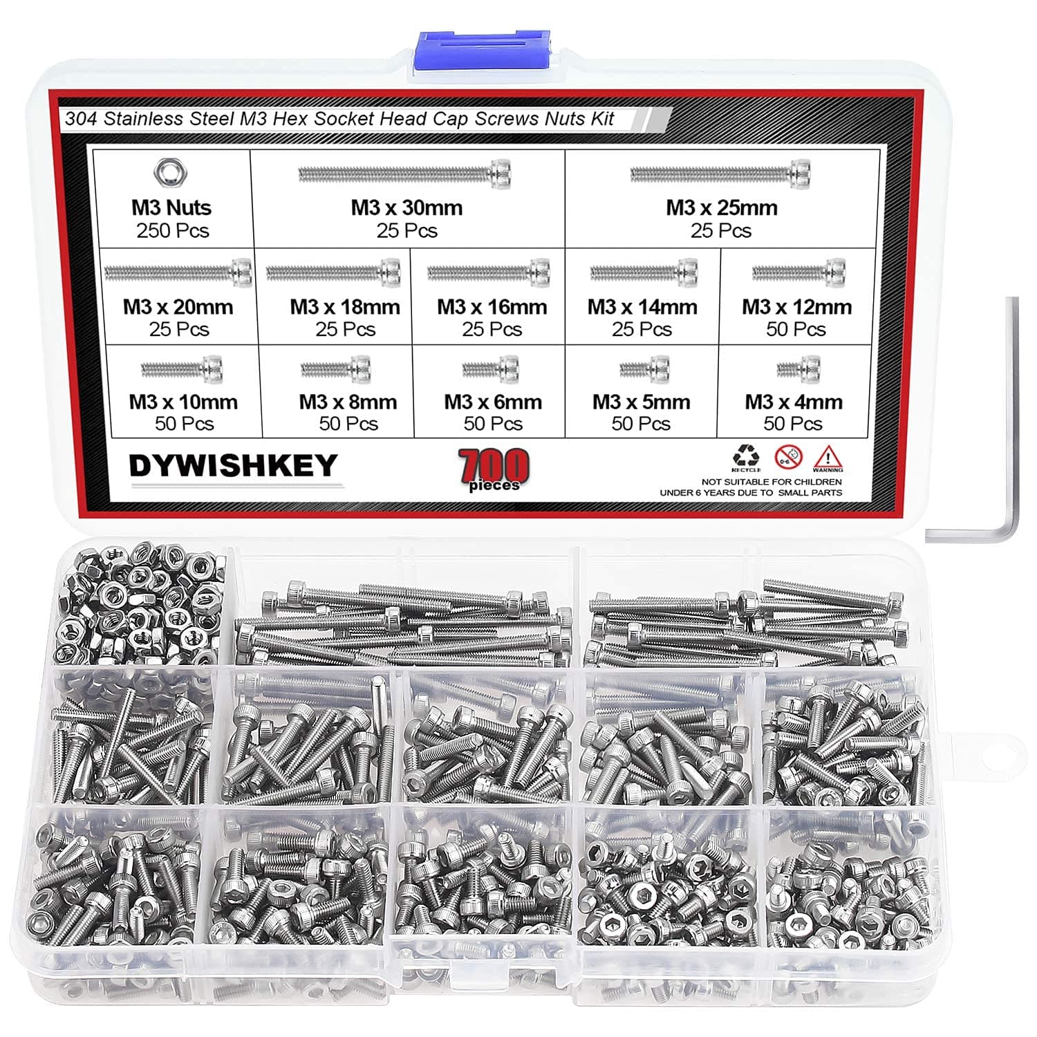 DYWISHKEY 700 Pieces M3 Stainless Steel 304 Hex Socket Head Cap Bolts Screws and Nuts Assortment Kit