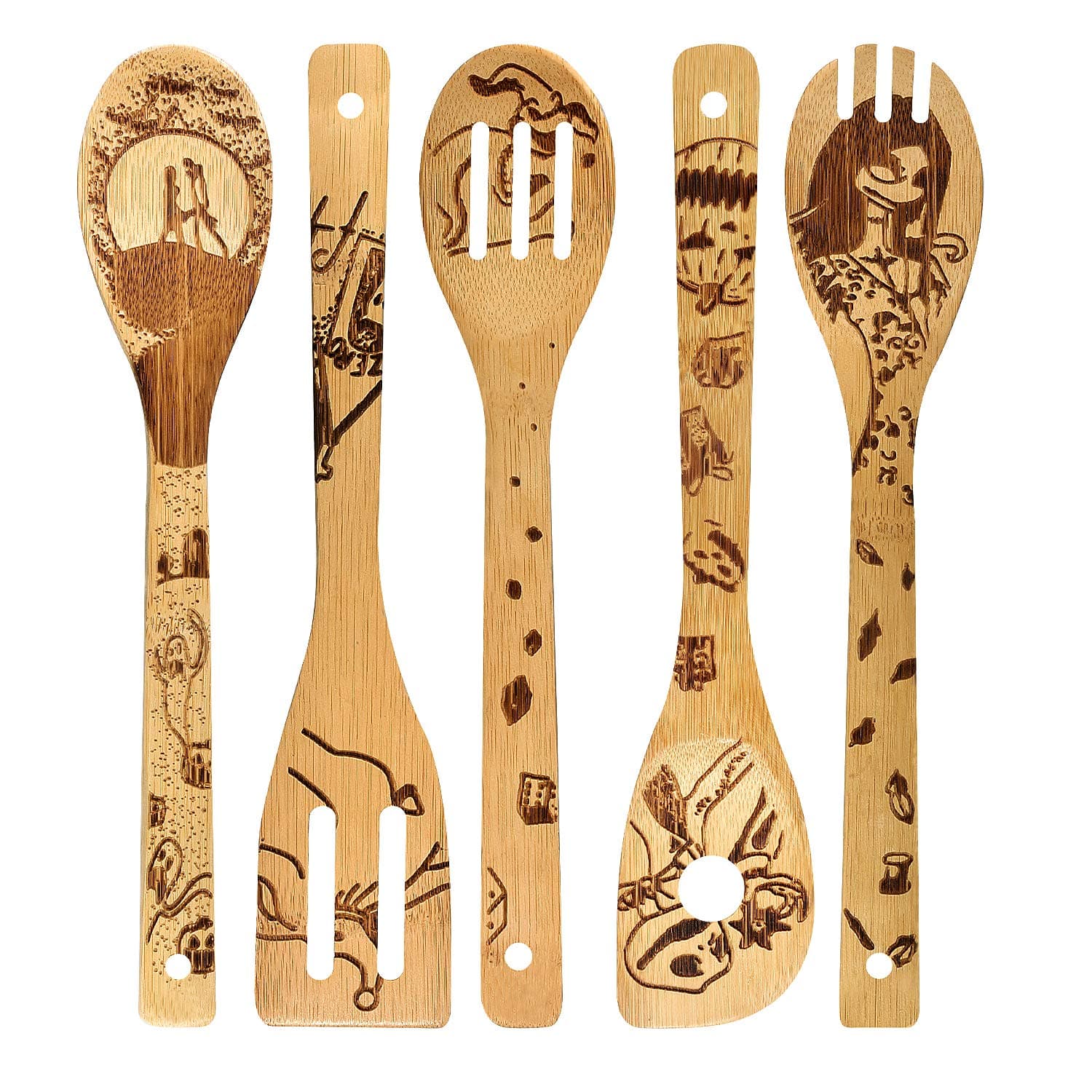 Nightmare Wooden Spoons - Organic Wooden Bamboo Cooking & Serving Utensils - Kitchen Utensils Set Cooking Tool Set - Cooking Spatula And Spoons 5 Piece Set