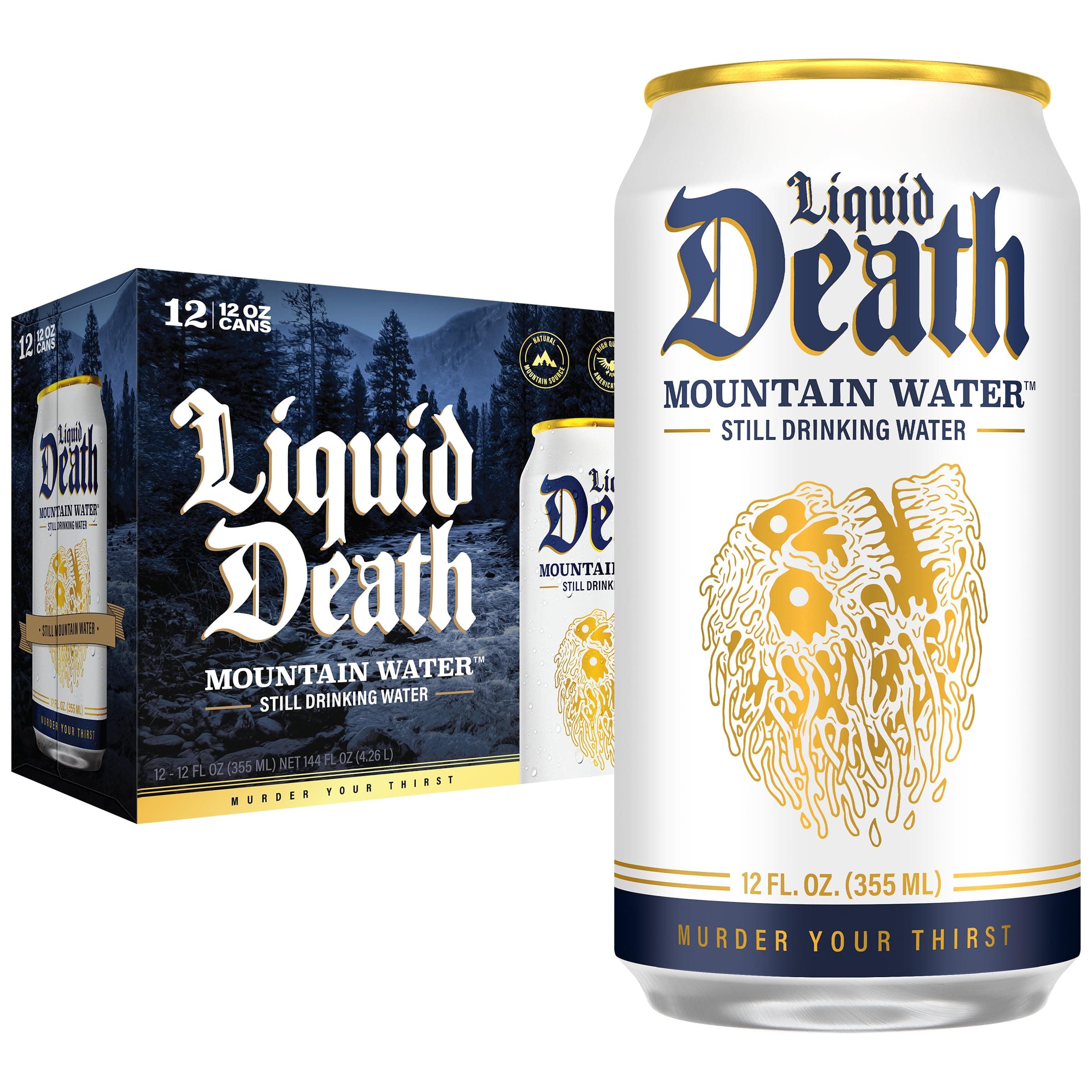 Liquid Death, Still Mountain Water, 12-Pack (12oz Cans), Real Mountain Source, 100% American Made