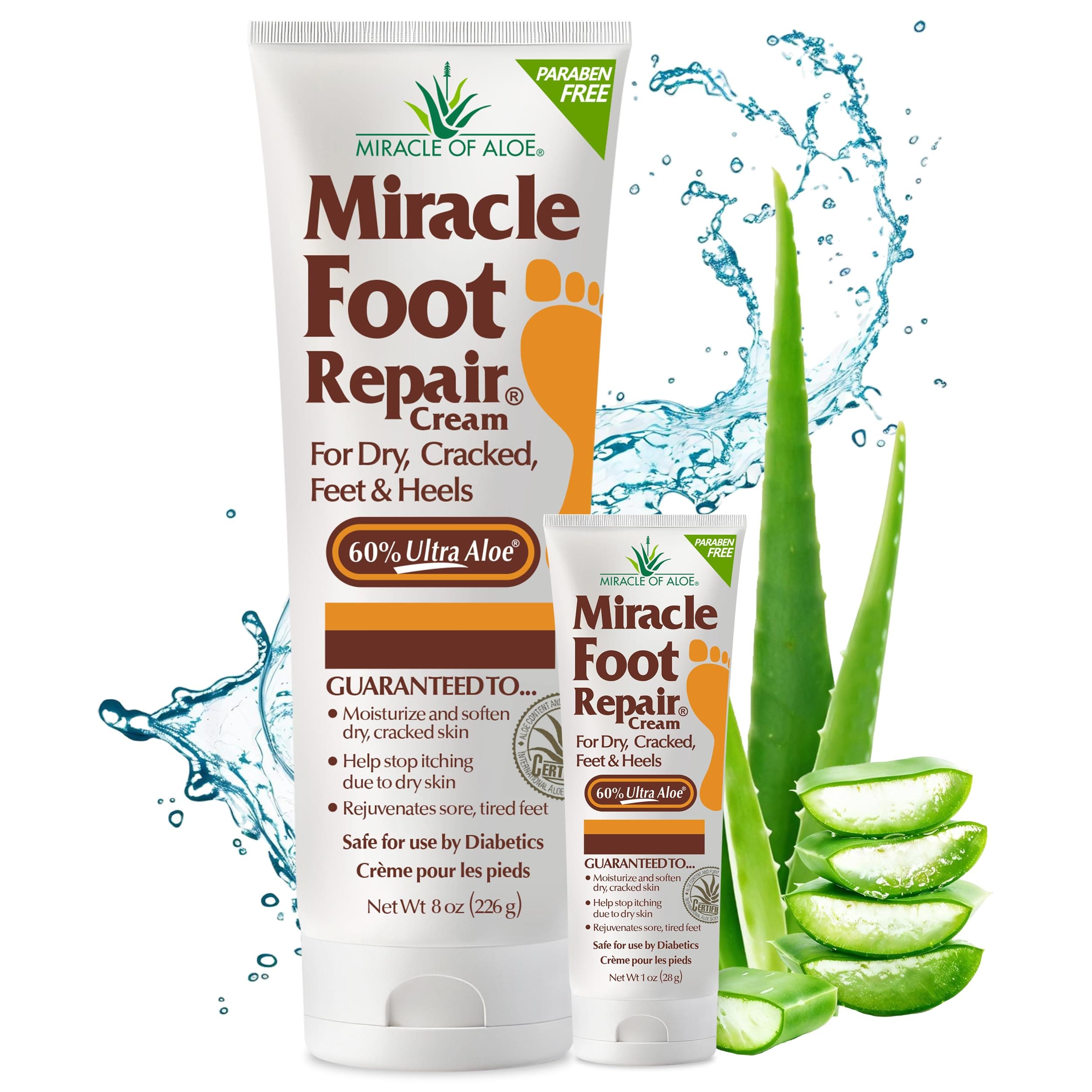 Miracle Foot Repair Cream (8 oz & 1 oz) Repairs Dry Cracked Heels and Feet, 60% Pure UltraAloe Moisturizes, Softens, and Repairs