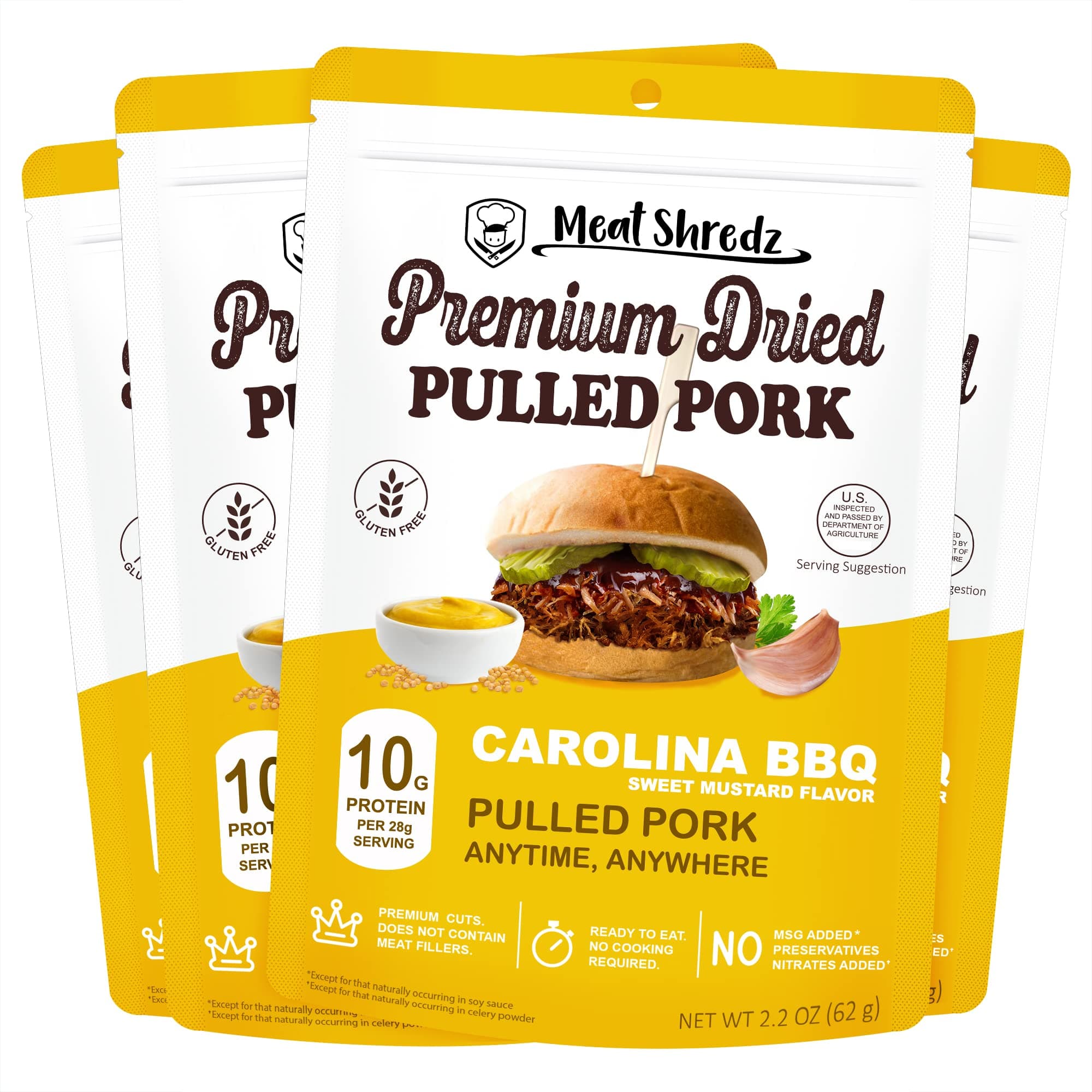 Meat Shredz - Premium Dried Pulled Pork (Carolina BBQ - Sweet Mustard, 4 Pack) | Gluten Free | High Protein & Low Sugar | Bacon Bits | Dehydrated Backpacking & Camping Food | Shredded, Dried Jerky Chew Snack
