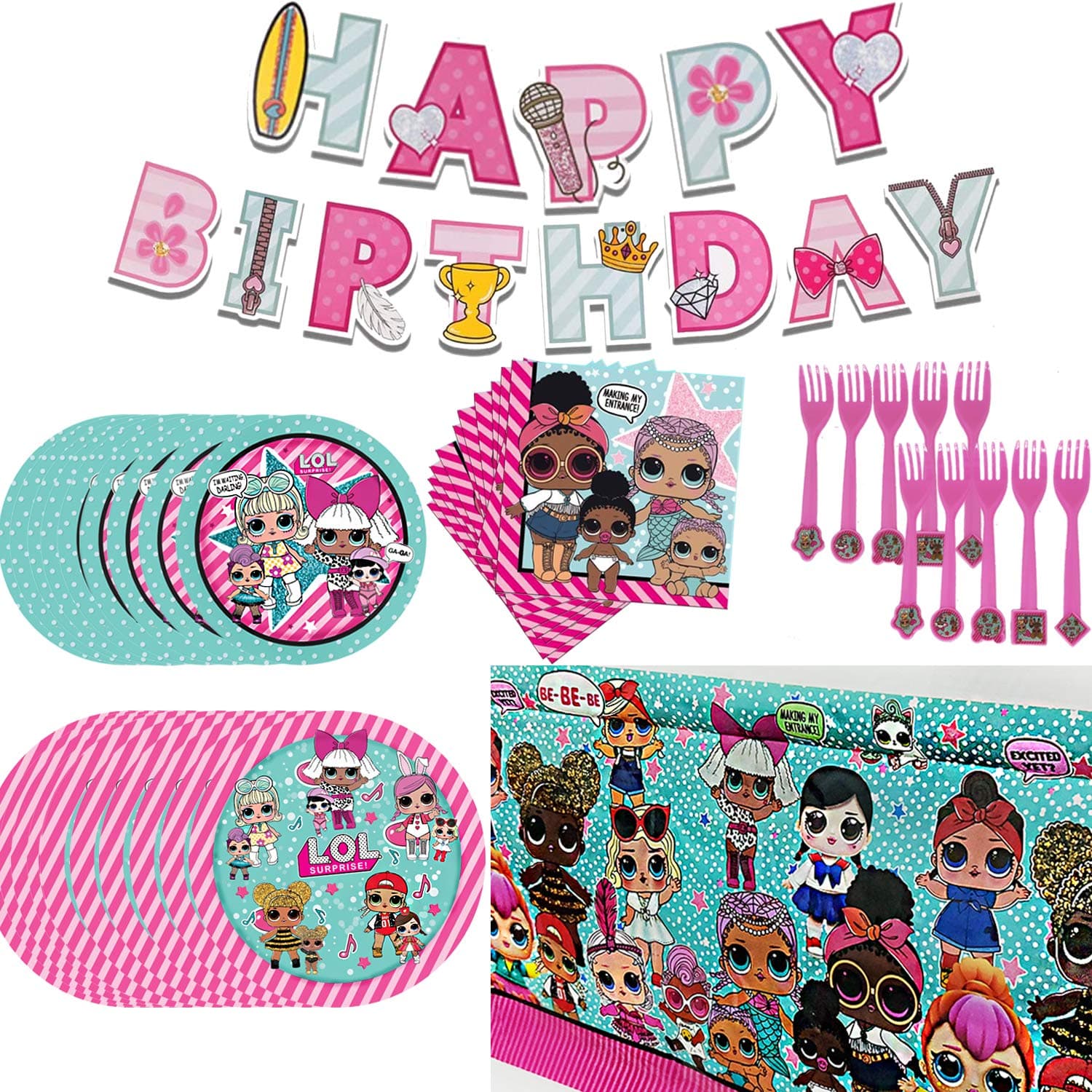 L.O.L. Birthday Party Supplies Set, For Girls LOL Theme Party Decoration includes Happy Birthday Banner, Tablecover, Plates, Forks, Napkins