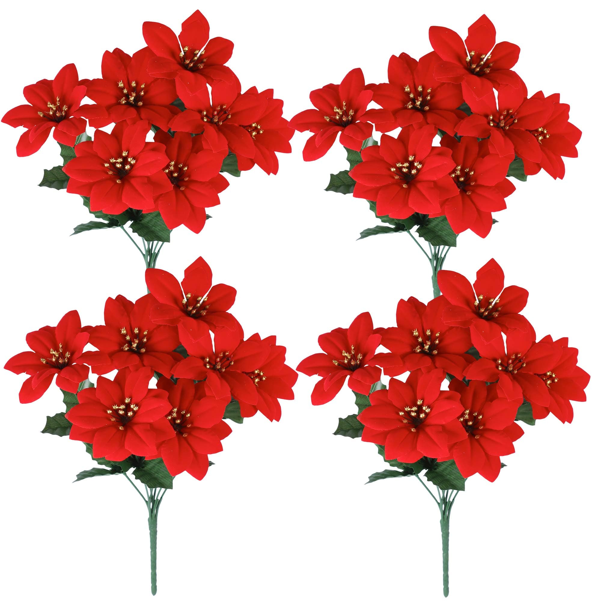 HomcomodaChristmas Red Artificial Flower Faux Poinsettia Bush Fake Flowers for Holiday Wedding Home Decoration 7 Heads 4 Bouquets