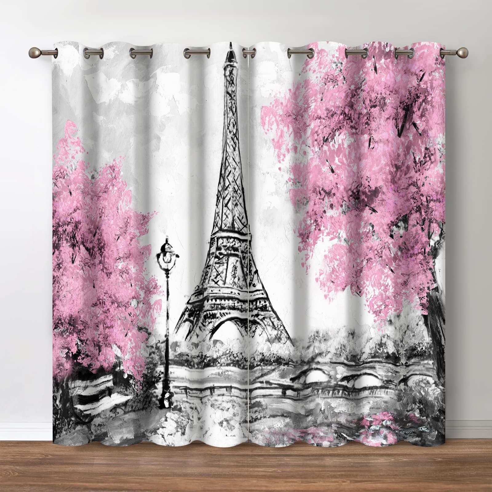 Jekeno Paris Eiffel Tower Blackout Curtains - Black and White Eiffel Tower Street Lights Pink Tree Print Curtain Decor for Women Girls Bedroom Living Room Grommet Window Drapes 2 Panel Set, 42" x 54"