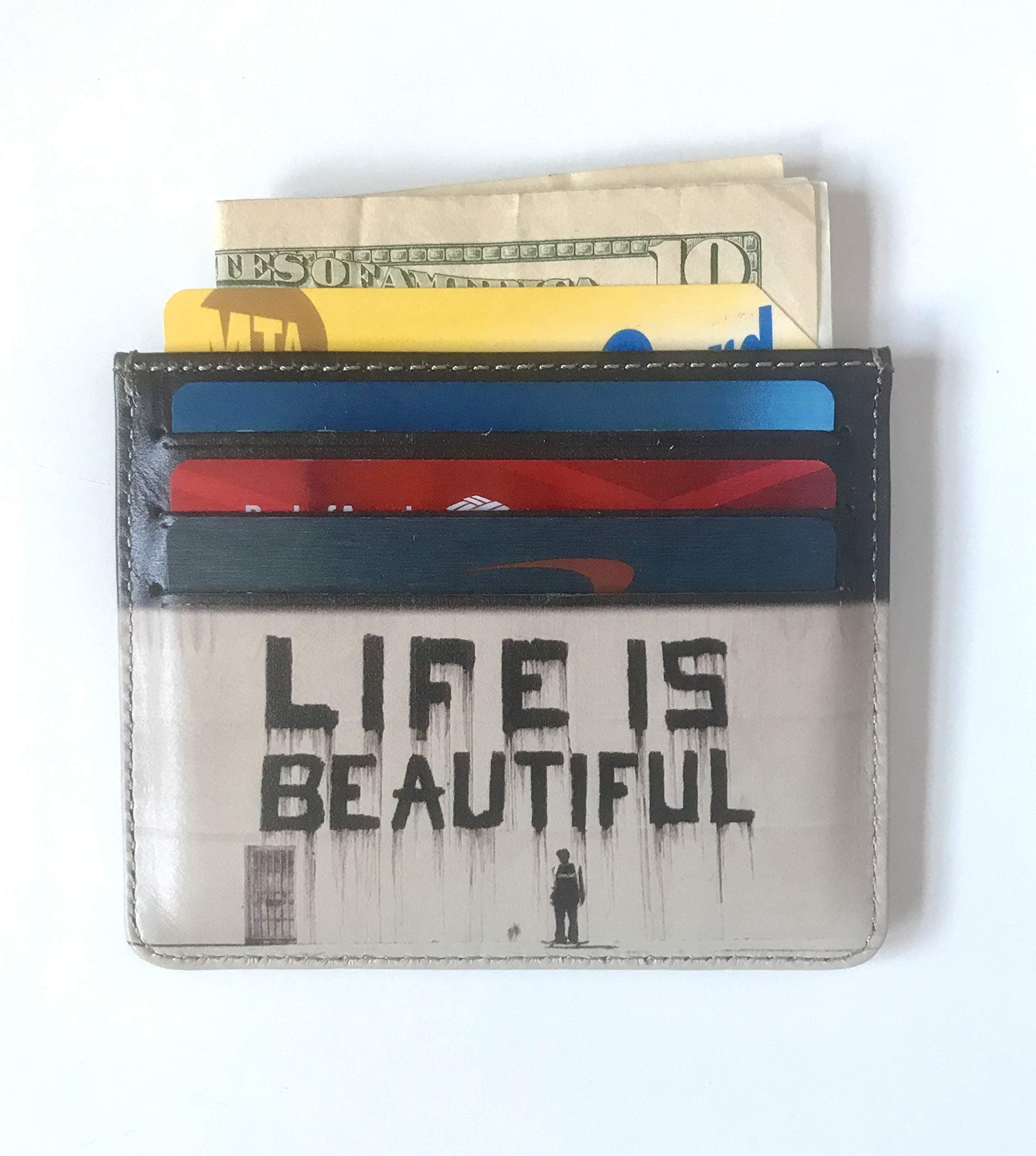 Life is Beautiful Card Holder Banksy Graffiti Art Card Holder Slim Card Case Genuine Leather