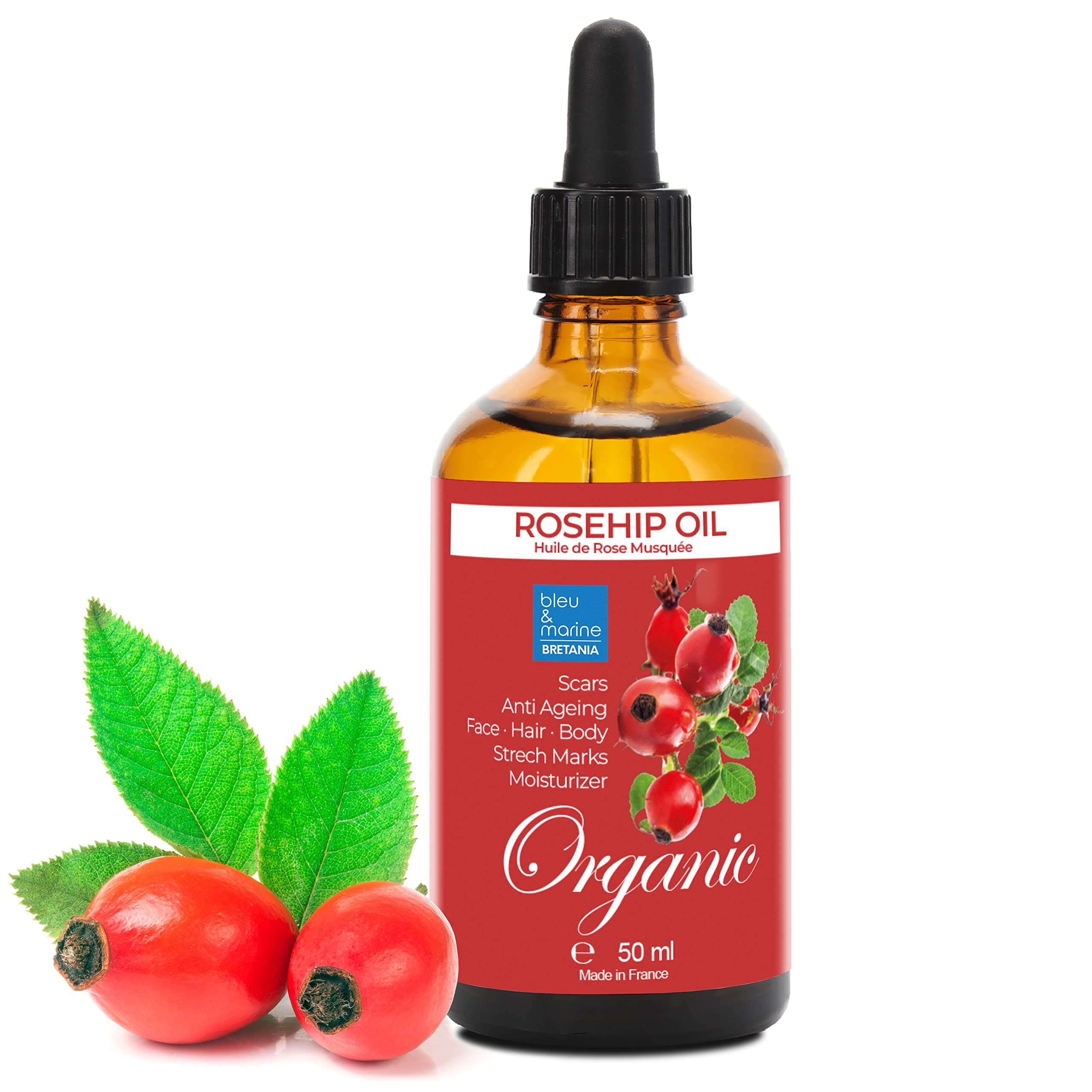 Rosehip Cold-Pressed Bio Oil Skin Repair, Facial Anti Ageing, Body Firming, Anti-Stretch Marks, Hair Moisturiser, Scar Oil, Rich in Vitamin E. Natural & Pure - 50 ml