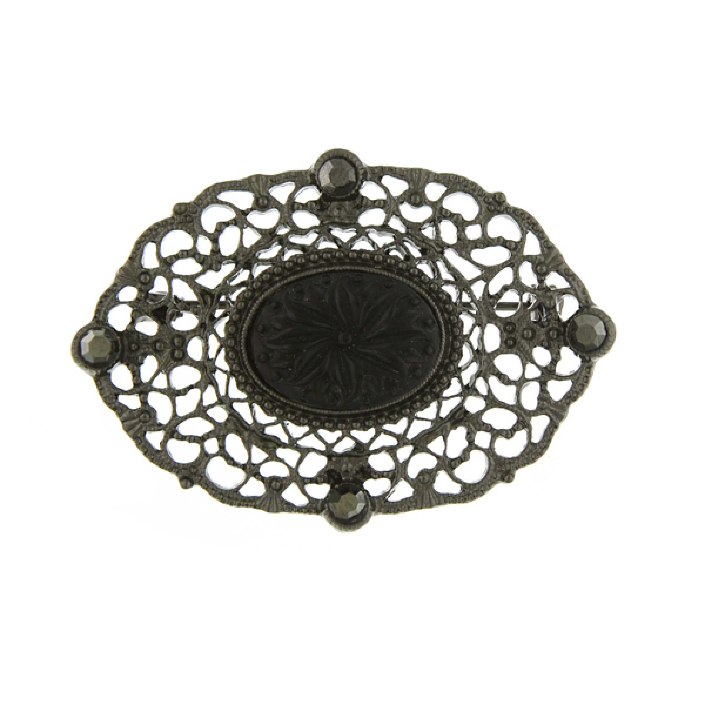 1928 Jewelry Black-Tone Belle Epoch Oval Filigree Bar Pin with Black Carved Center Stone