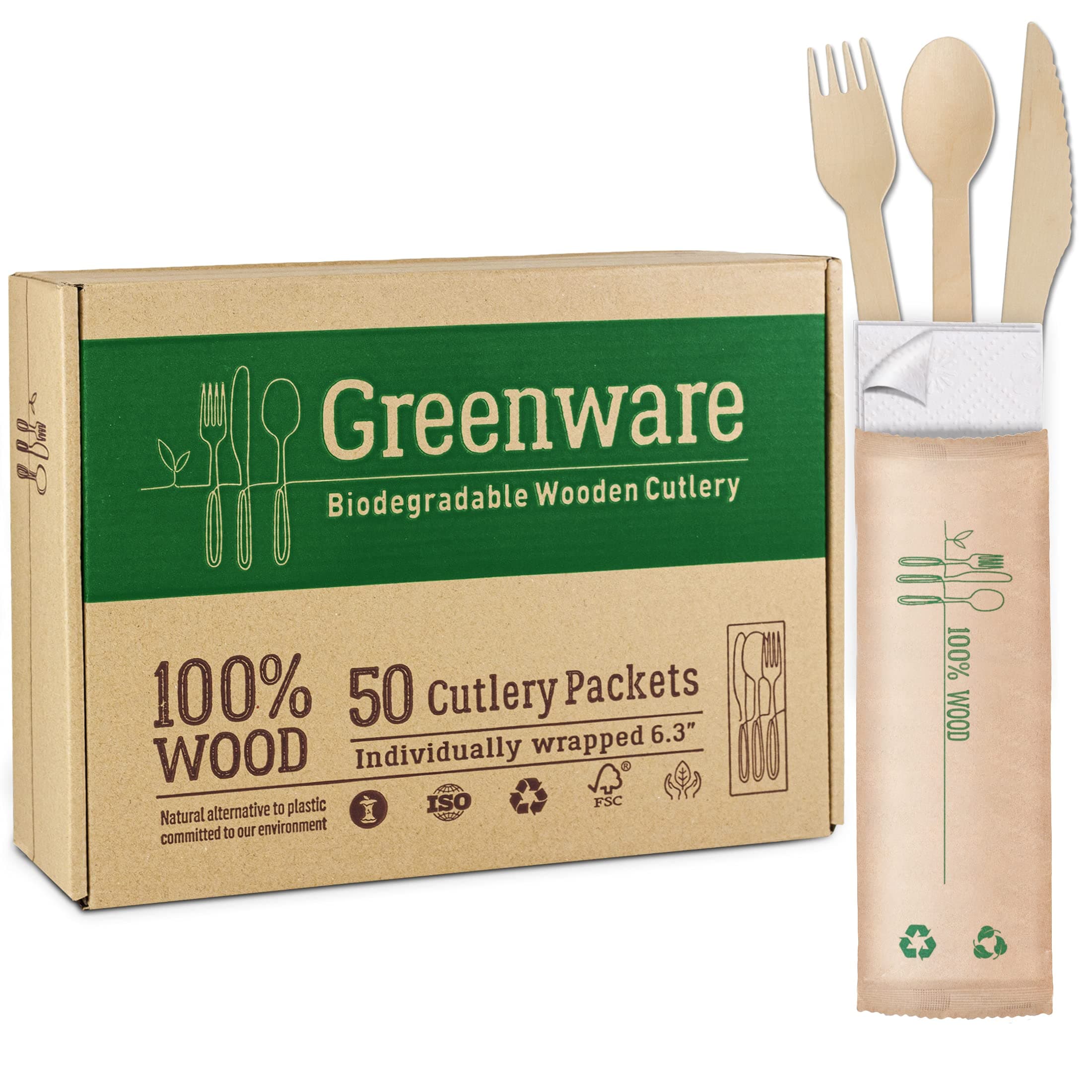 50 Disposable wooden cutlery packets | individually wrapped set of fork knife spoon and napkin | 100% compostable wood and paper Eco Friendly Alternative for Plastic