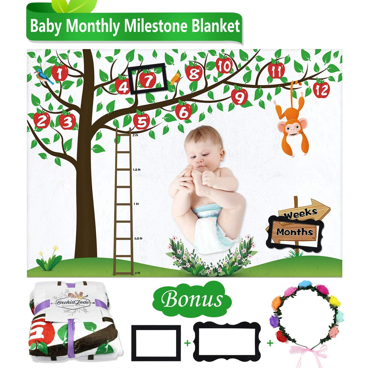 ALDOM Baby Monthly Milestone Blanket with Floral Wreath & Picture Frame Premium Flannel Baby Milestone Blanket Weeks and Months Best Photography Background Blankets 60"x 40"for Boy and Girl