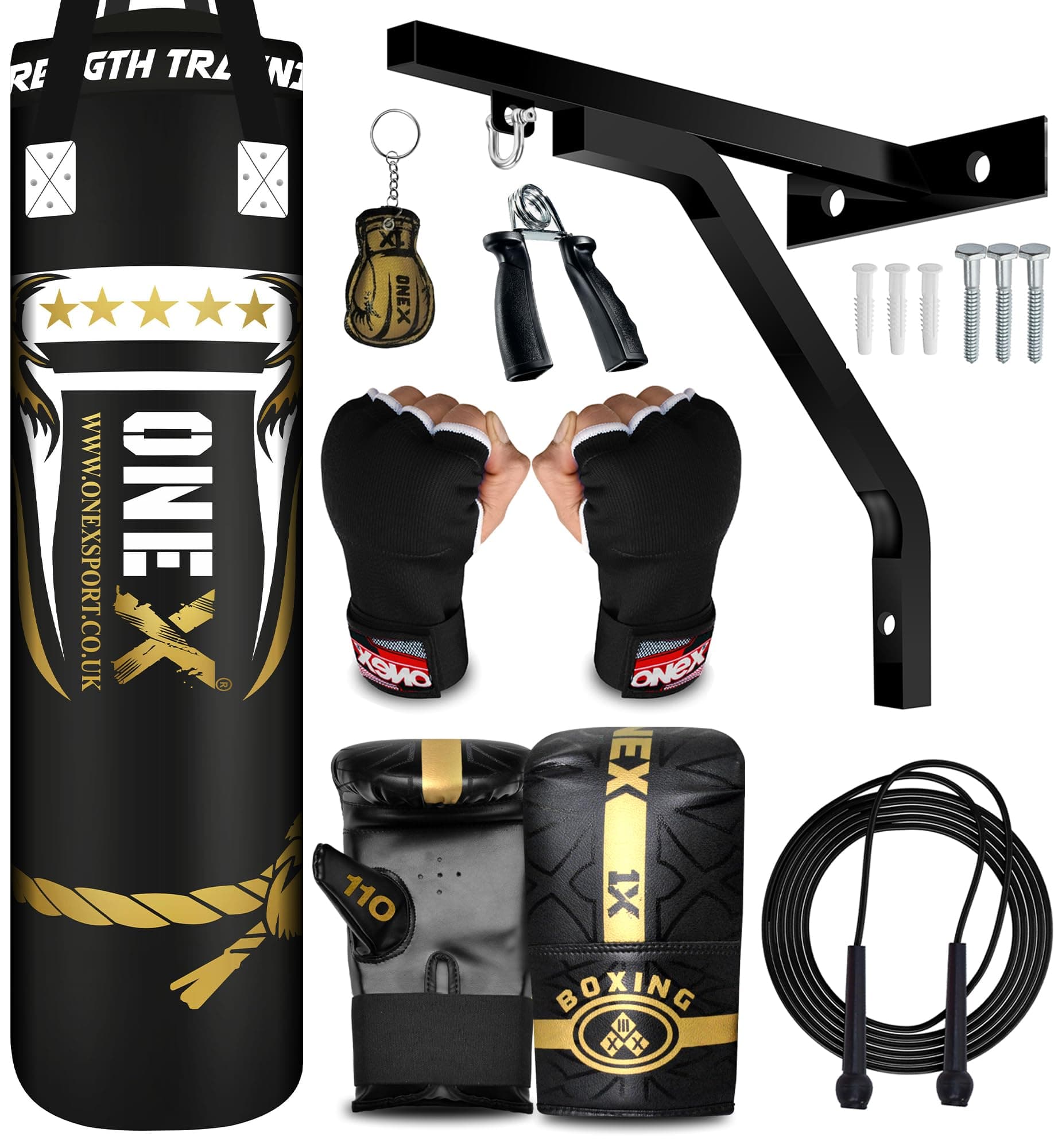 ONEX Heavy Filled 12 Piece Boxing Punch Bag Set Gloves Wall Bracket Ceiling Hook Punching Kick Bag for Grappling, MMA, Kickboxing, Muay Thai, Karate, BJJ & Taekwondo 3ft 4ft 5ft