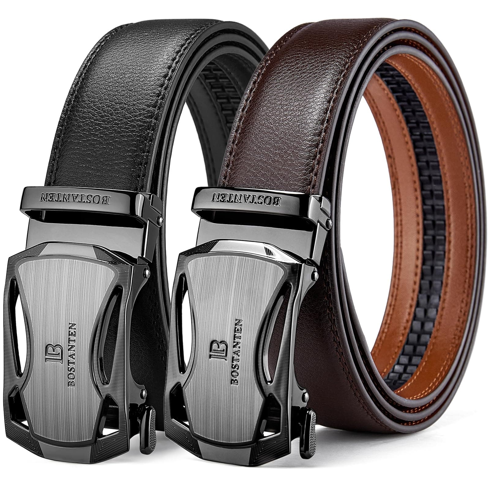 Ratchet Leather Belt For Men 2 Pack Dress and Casual with Adjustable Buckle, Trim to Fit