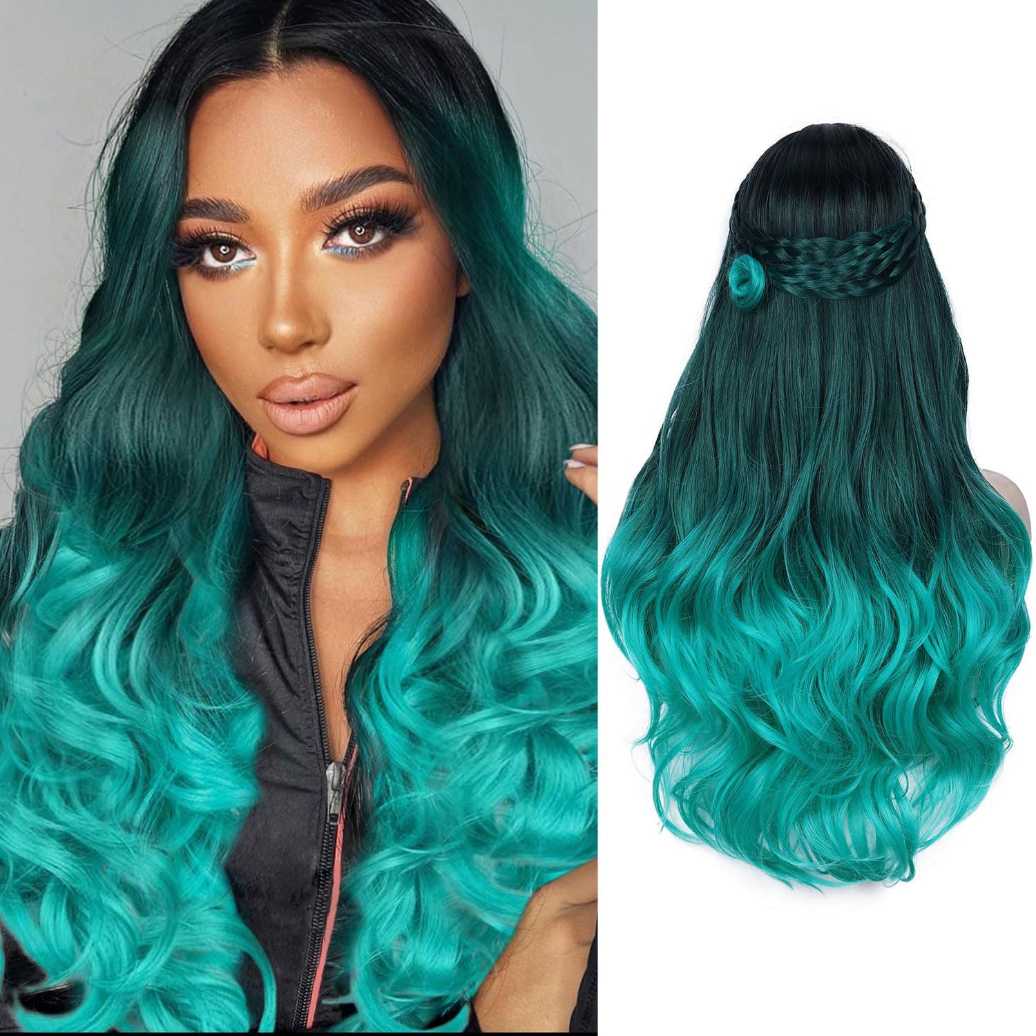WIGERLong Wavy Wig Ombre Bluish Green Wigs Long Curly Ombre Color Hair Wigs Middle Part Synthetic Mermaid Green Wigs For Women Daily Party Cosplay
