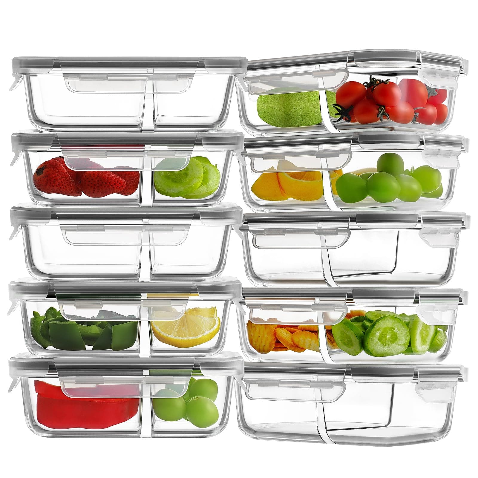 10 Pack 24oz Glass Meal Prep Containers 2 Compartment, Glass Food Storage Containers with Lids, Airtight Lunch Bento Boxes, BPA-Free & Leak Proof (10 lids & 10 Container) - Grey