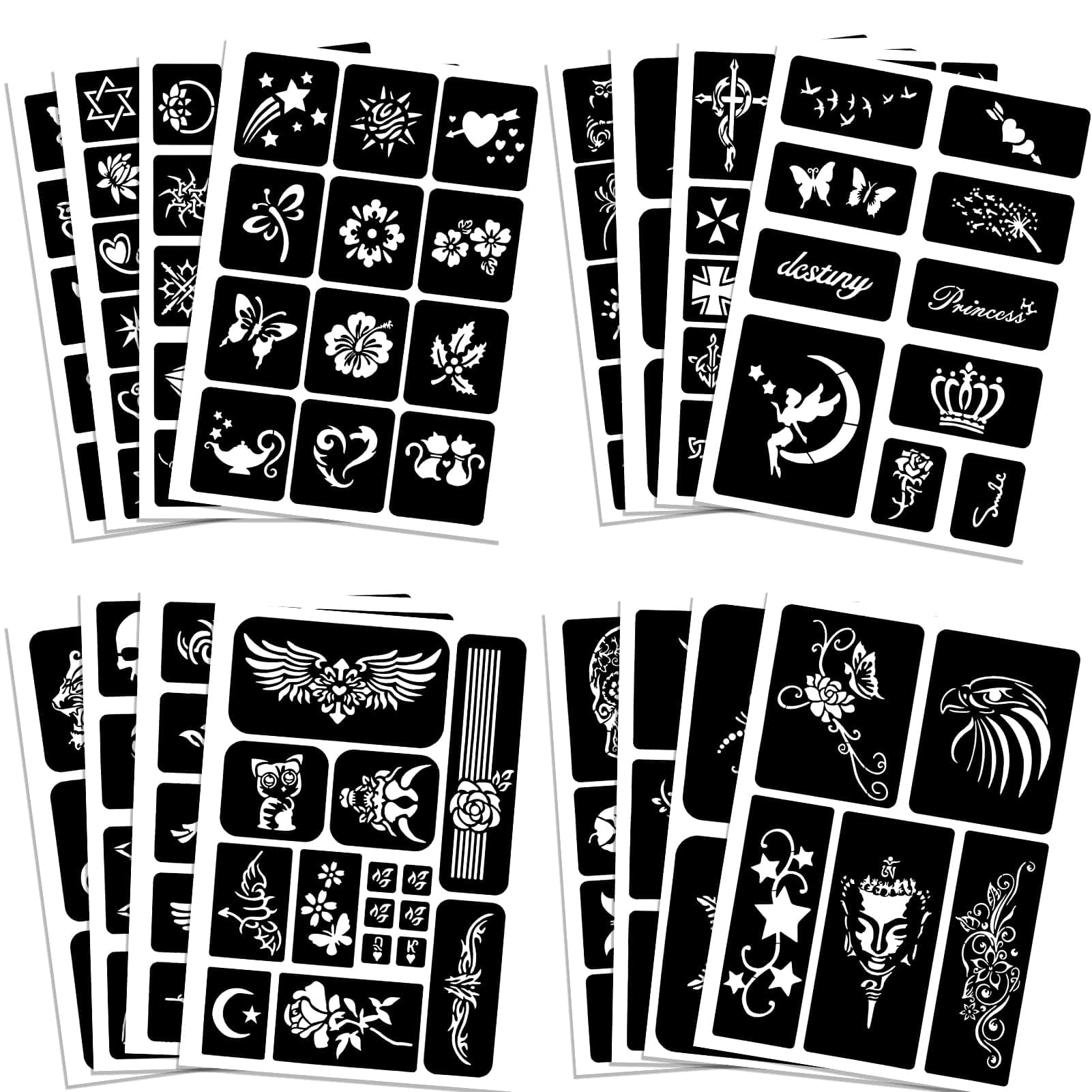 Qpout Tattoo Stencils for Kids and Adults - 16 Sheets Henna Kit With Small and Big Designs for Real Tattoos - Skeleton, Spider, Owl, Flower, Butterfly, Tribal, Totem