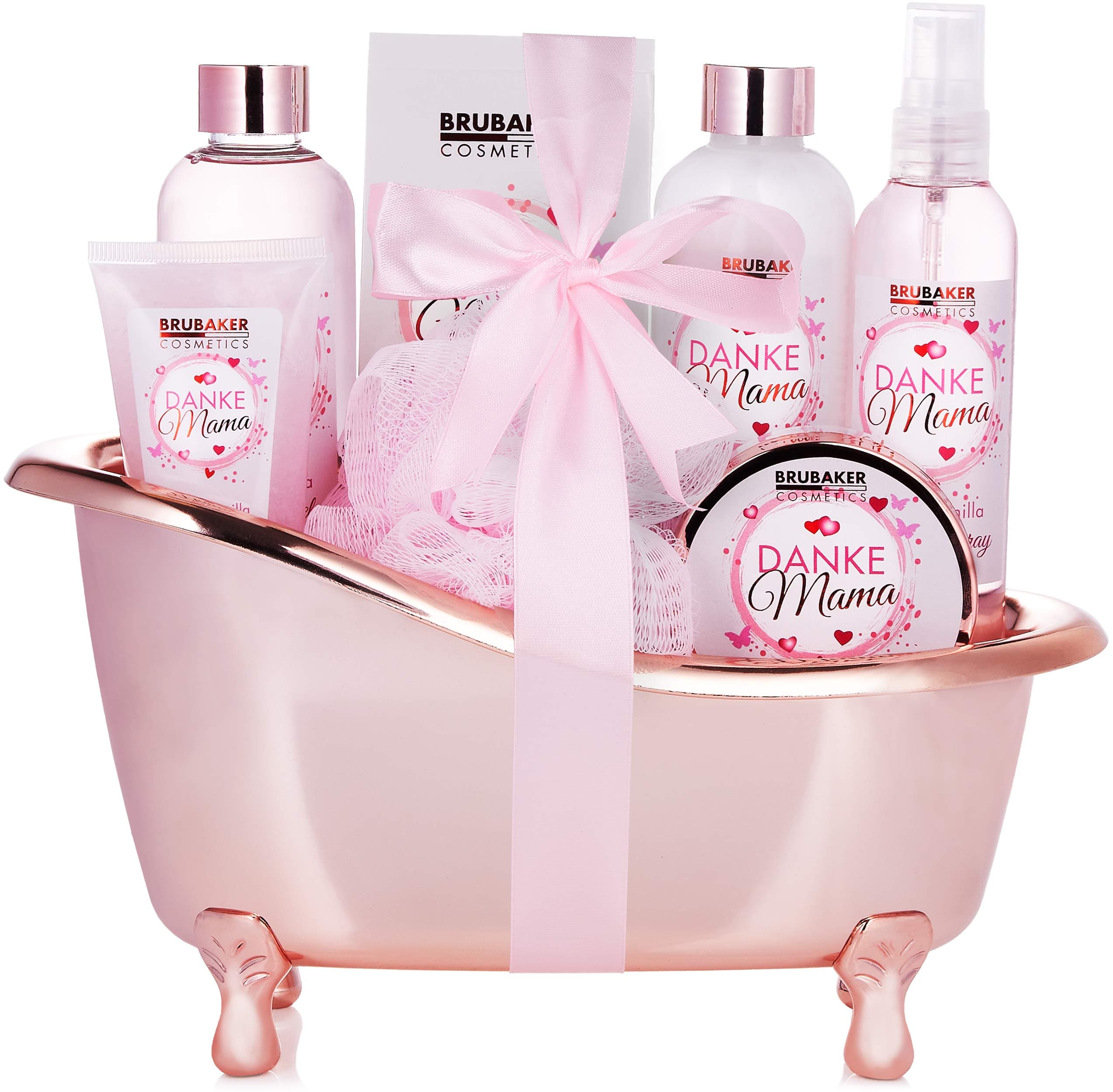 BRUBAKER Cosmetics - Thank You Mama - 8-Piece Luxury Bath and Shower Set with Roses Vanilla Fragrance - Gift Set in Decorative Tub - Bath Set Gift for Mum