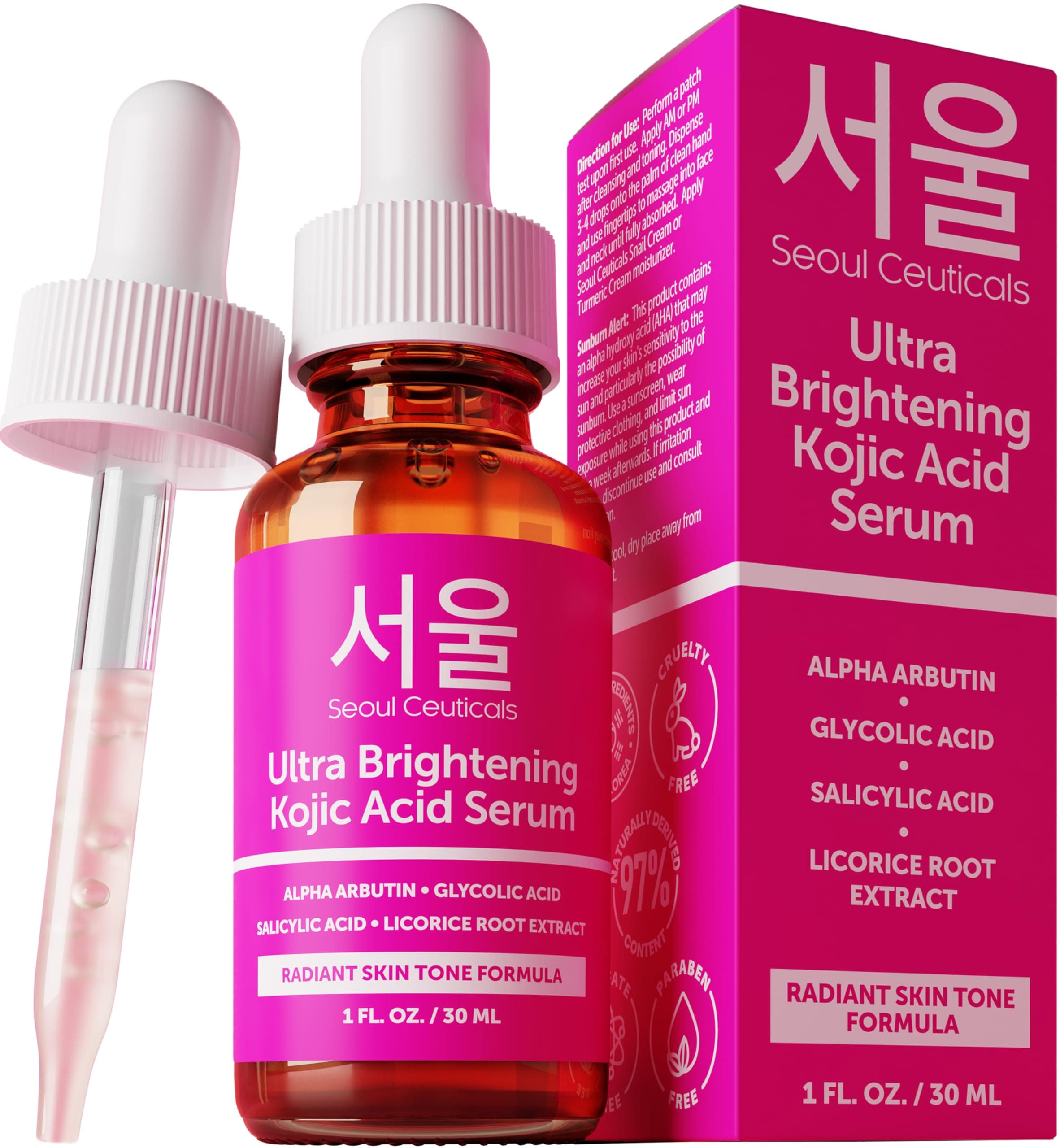 SeoulCeuticals Korean Skin Care Kojic Acid Serum Alpha Arbutin – Dark Spot Remover Corrector Glycolic Acid + Salicylic Acid K Beauty 1oz