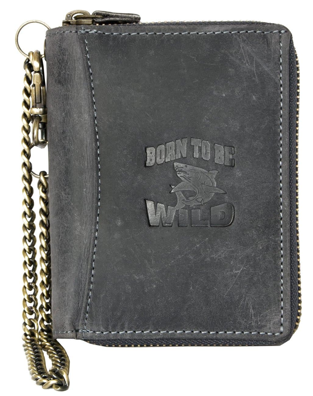 Large grey metal zip-around genuine leather wallet Born to be wild with a shark