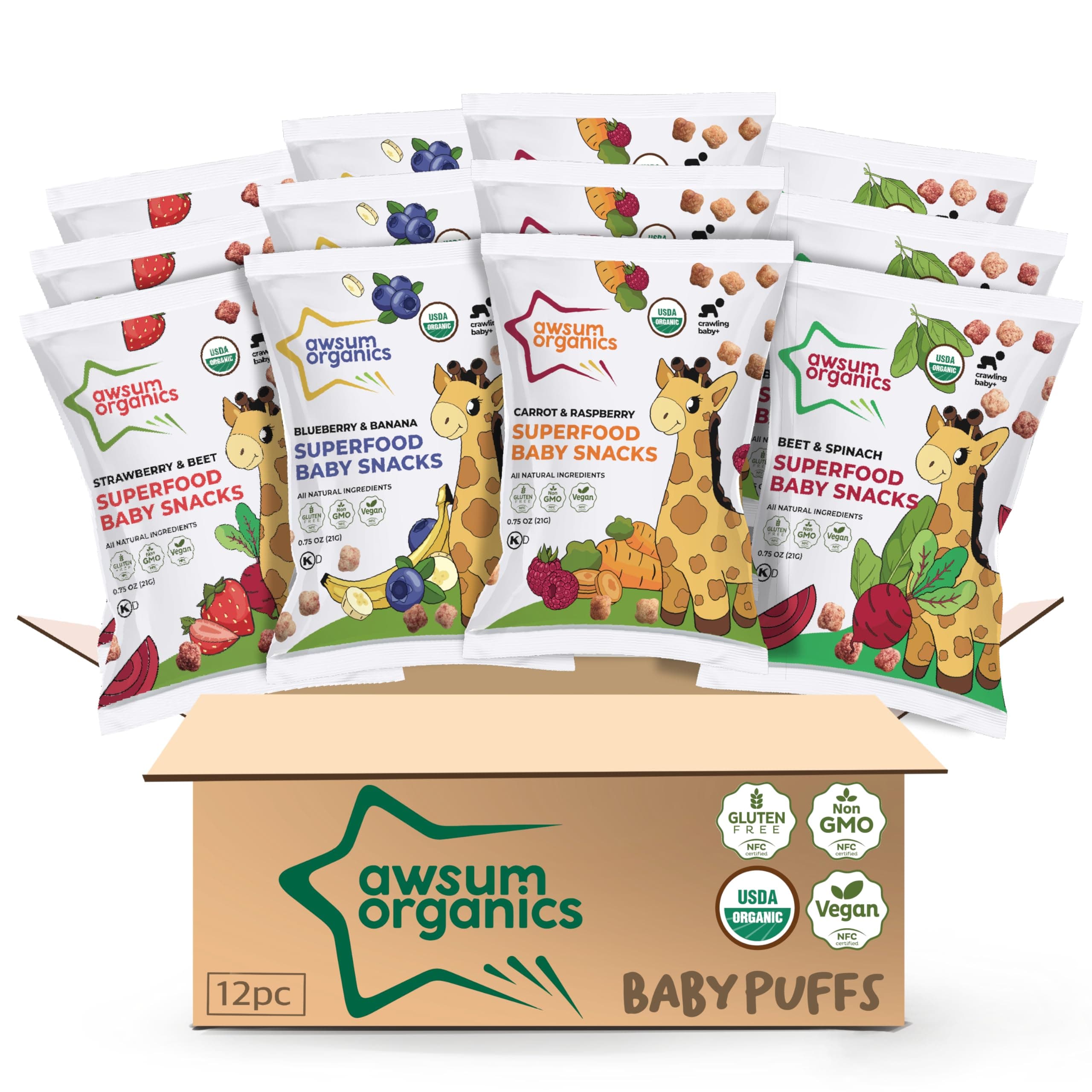 Awsum Organics Baby Snacks - Happy Healthy Baby Food - Snack for Babies - Organic Vegan Kosher Gluten Free - Natural Plant Based Puffs - Non-Allergy - No Added Sugar 0.75 Oz Bag (Variety, 12 bags)