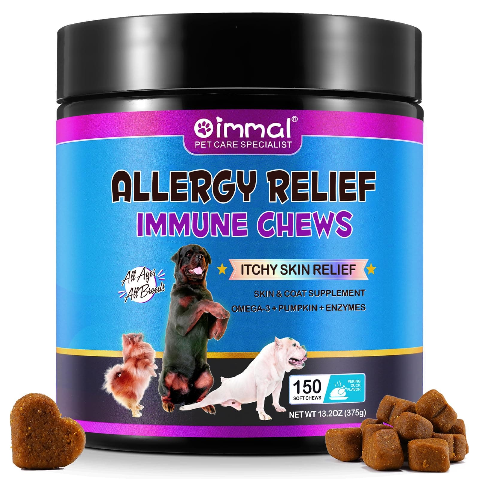 Dog Allergy Relief Treats(150 Chews), Itch and Immunity Treats for Dogs - Soothe Itchy Skin, Paws, Eyes, Ears - Stop Itching, Licking, Scratching for All Breeds and Sizes, Peking Duck Flavor
