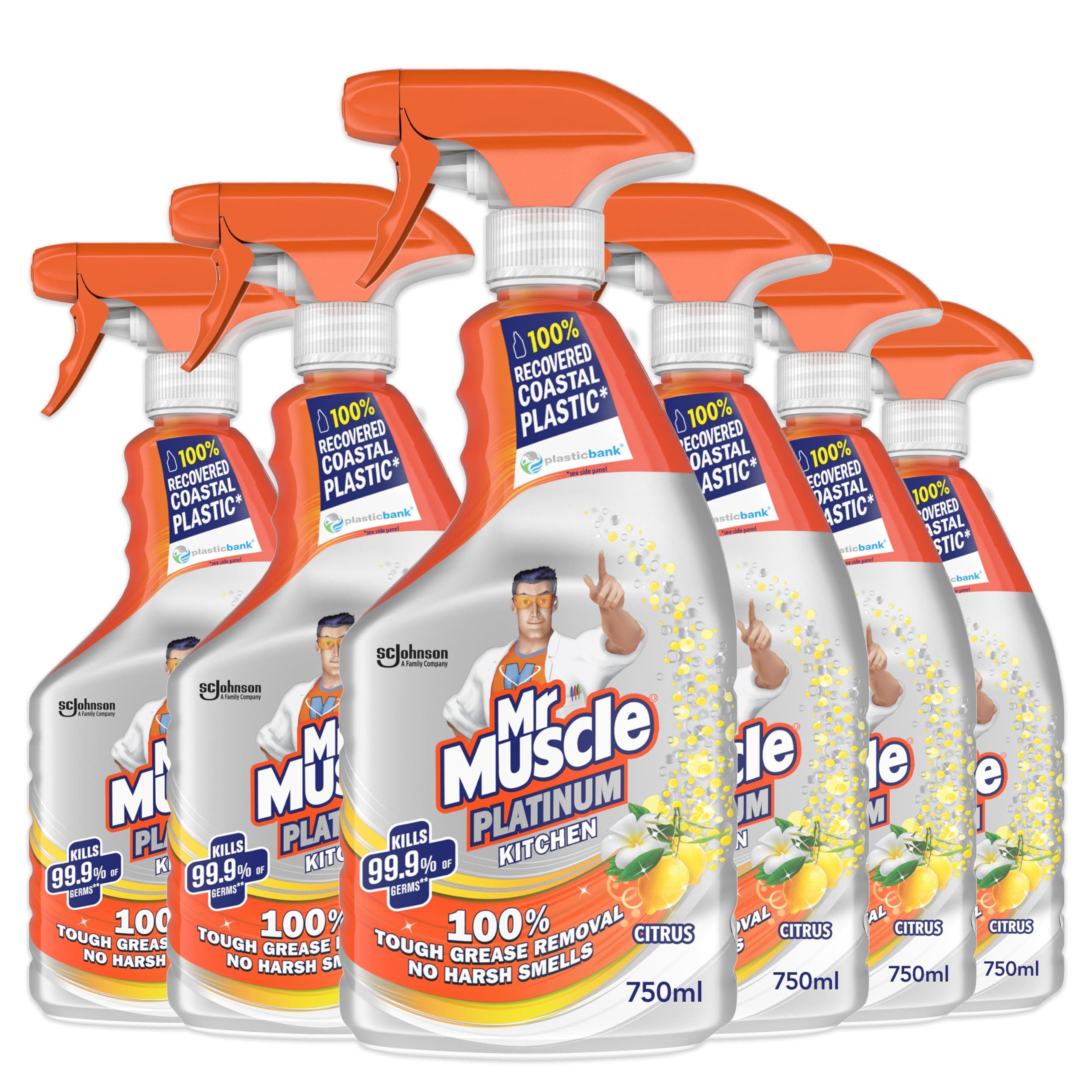 Mr Muscle Kitchen Cleaner, Platinum Antibacterial Kitchen Spray, Citrus, Pack of 6 (6 x 750 ml)