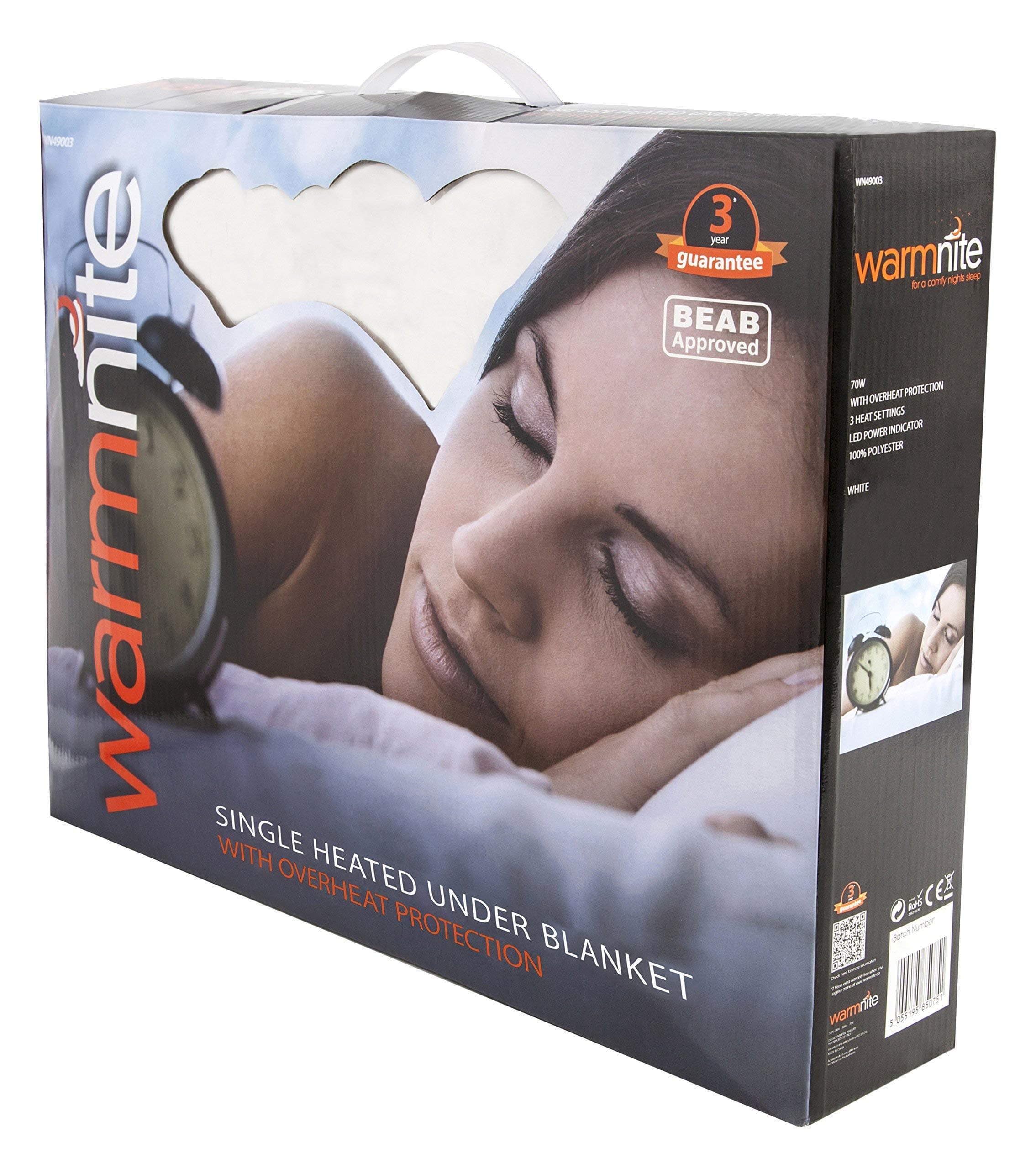 Warmnite WN47003 Electric Blanket, Heated Under Blanket with Overheat Protection, White, Single