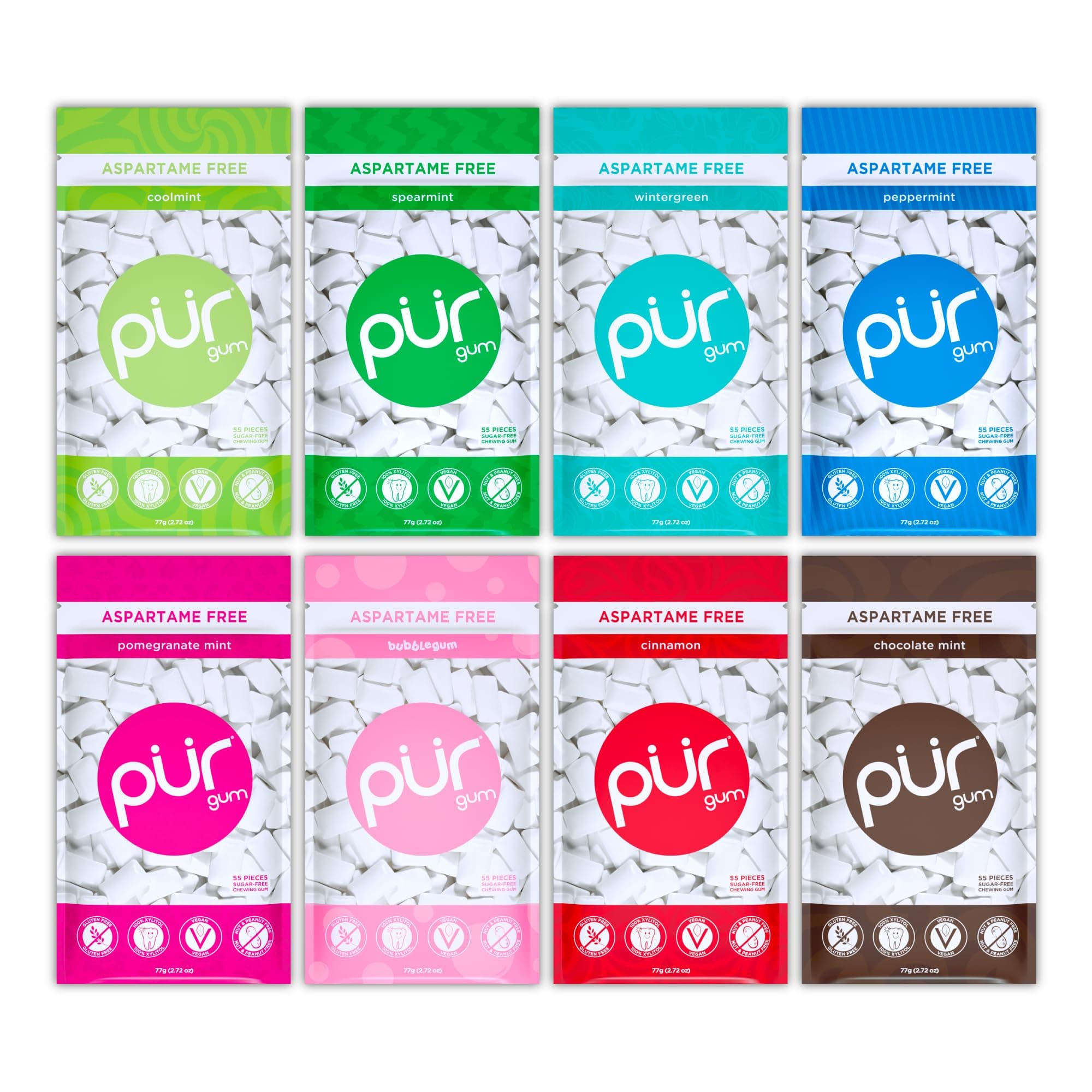 PUR Gum 100% Xylitol Chewing Variety Pack, 55 Count (Pack of 8) Sugar-Free + Aspartame Free, Vegan + non GMO