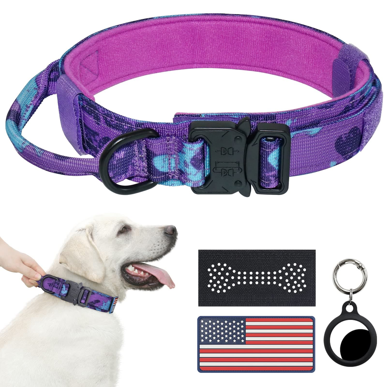 Hotsky Tactical Dog Collar - Adjustable Military Training Nylon Dog Collar with Handle and Heavy Duty Metal Buckle for Medium Large Dogs, with Airtag Holder and 2 Patches(Purple Camo, L)