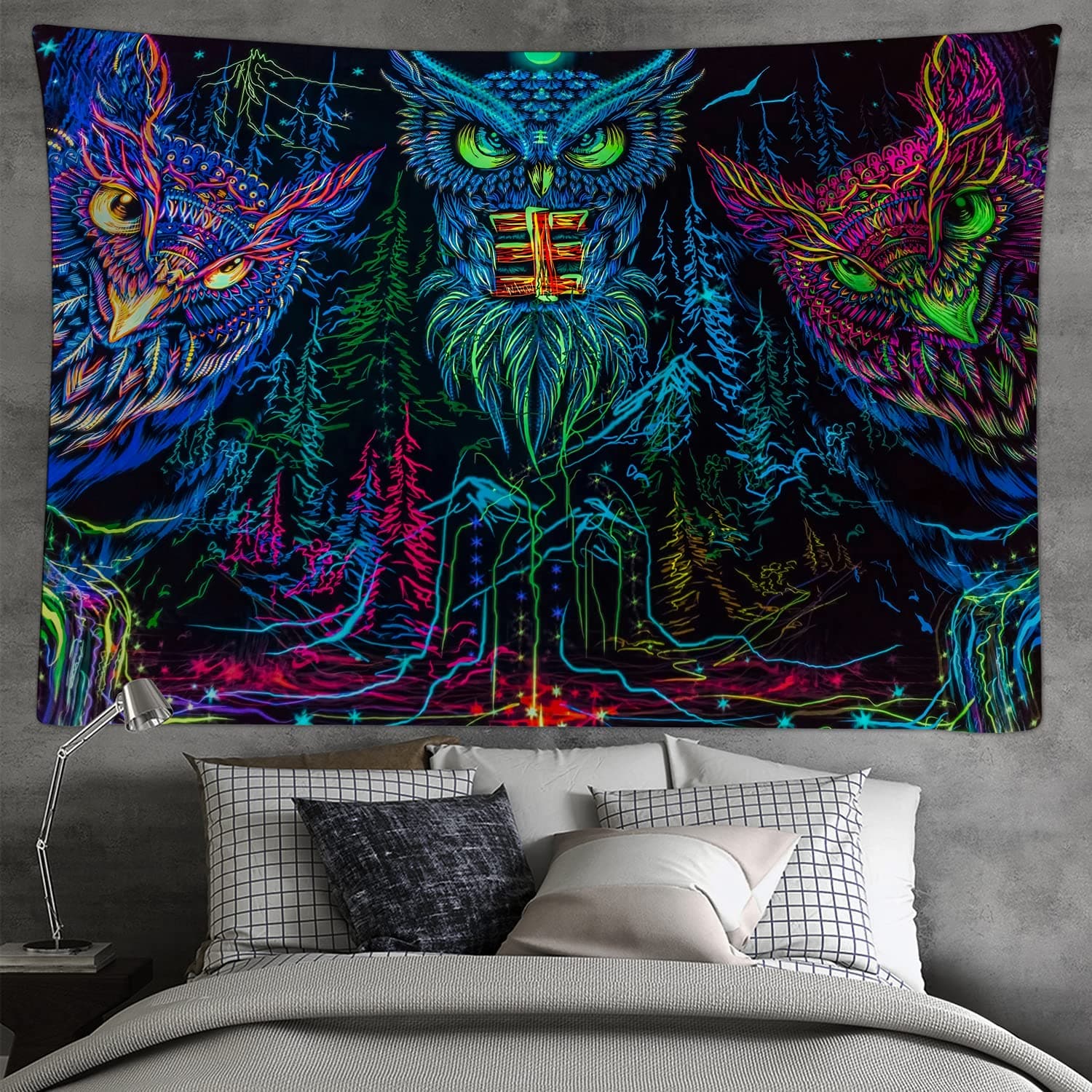 Psychedelic Owl Tapestry, Line Art Tapestry Wall Hanging For Bedroom, Colorful Blacklight Okvia Tapestry Home Decor-(80" W X 60" H)