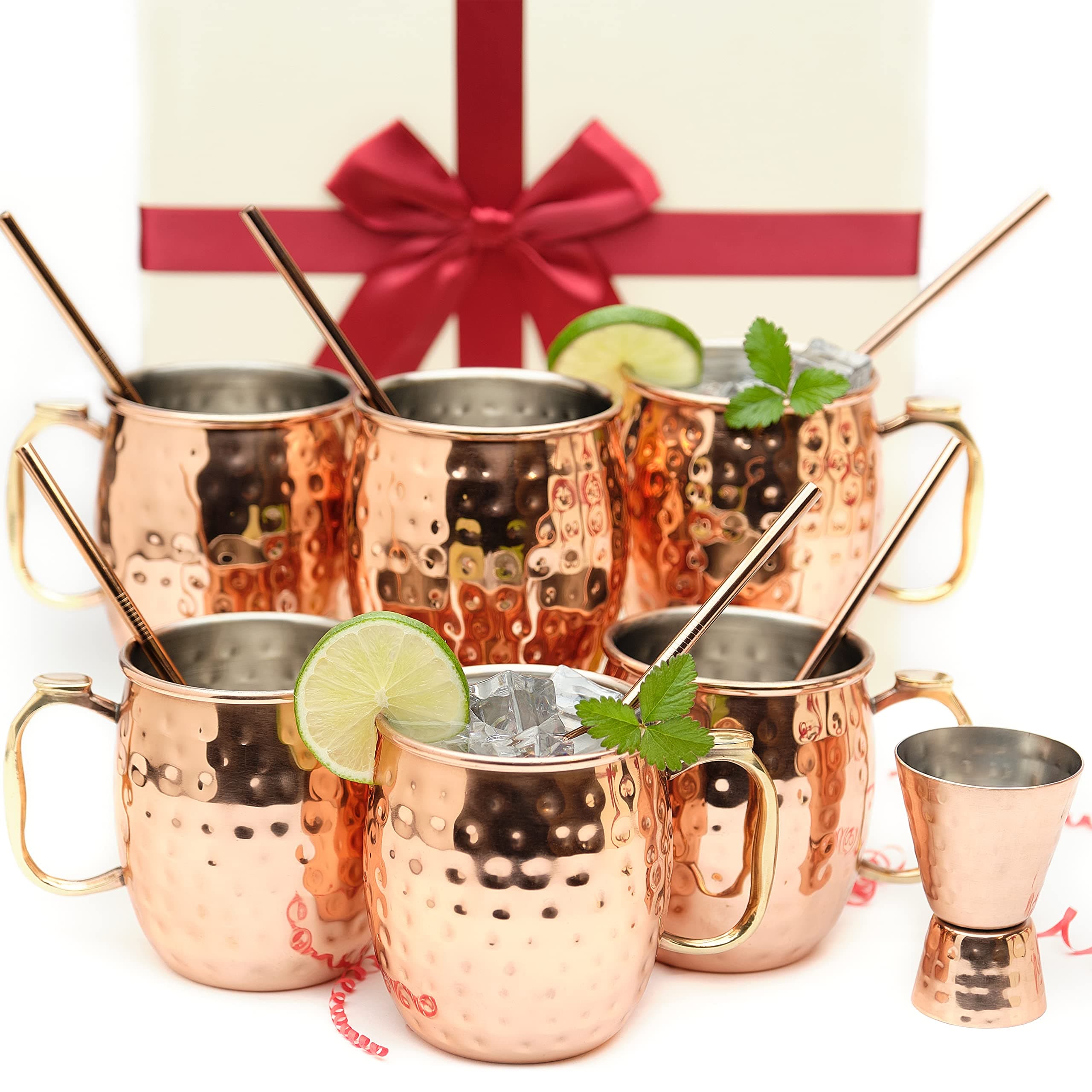 [Gift Set] Moscow Mule Mugs, Stainless Steel Lined Copper Moscow Mule Cups Set of 6 (18oz) w/Straws, Jigger, Spoon & Brush | Tarnish-Resistant Stainless Steel Interior
