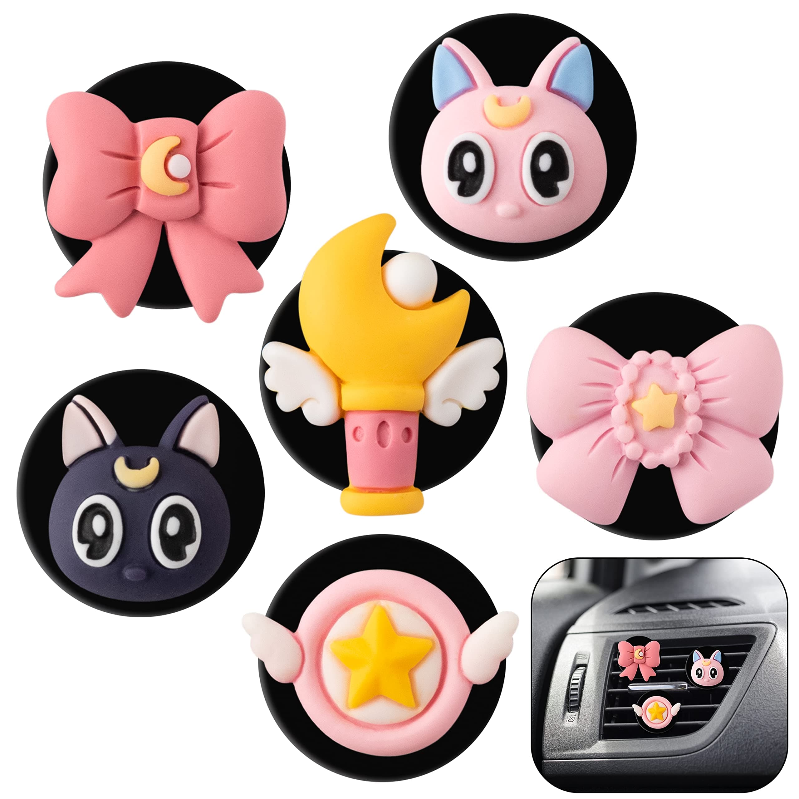 Aforts Ftage 6Pcs Anime Moon cat Artemis Girl Car Vent Clip Decorations Car Air Conditioning Outlet Clip Pink Cute Aromatic Car Interior Freshener Accessories Decor for Girls Women