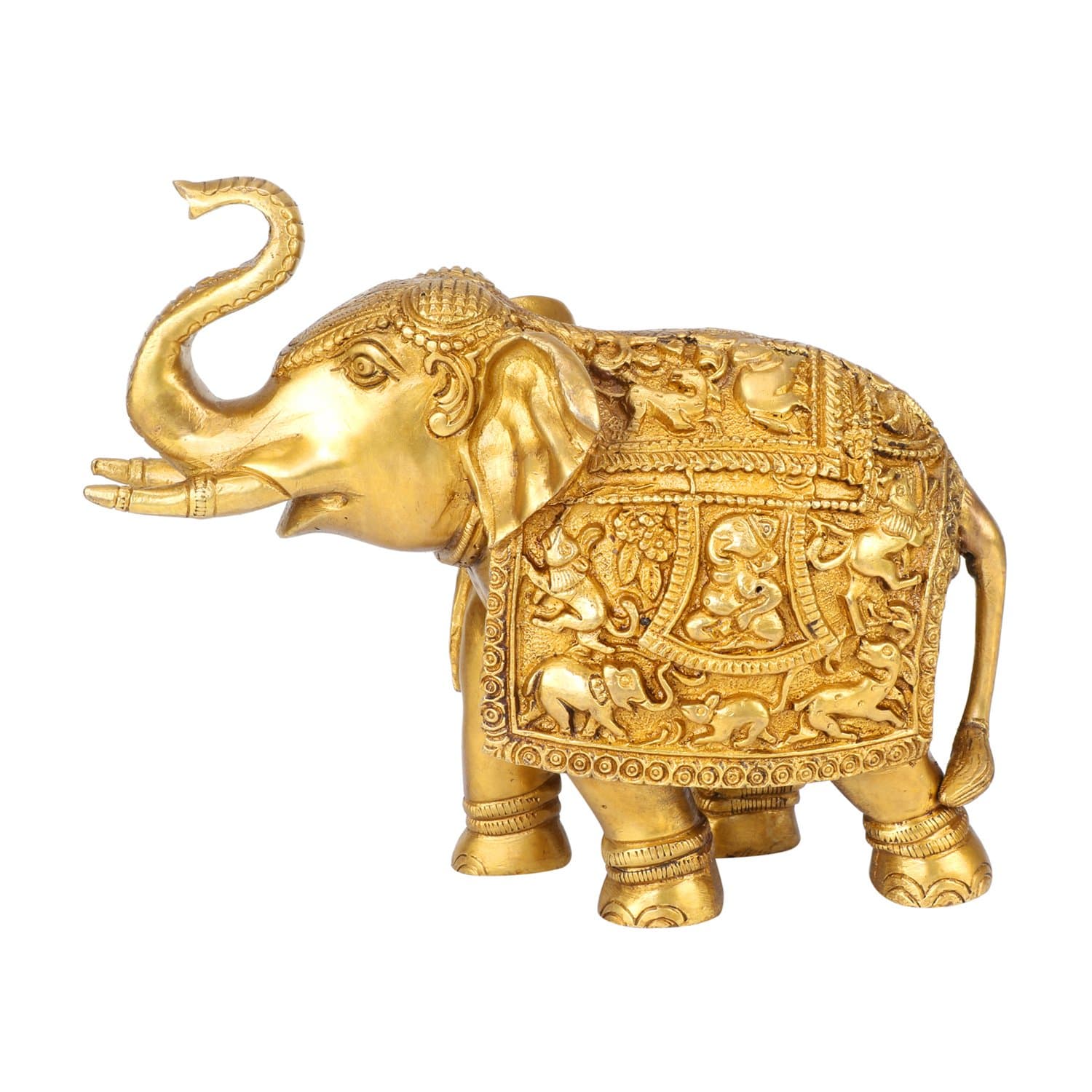 Kartique Hand Curved Brass Elephant Royal Statue with Engraved Lord Ganesha Bhagwan Murti and Animals for Home Decoration Height 9 Inch Long 7 Inch