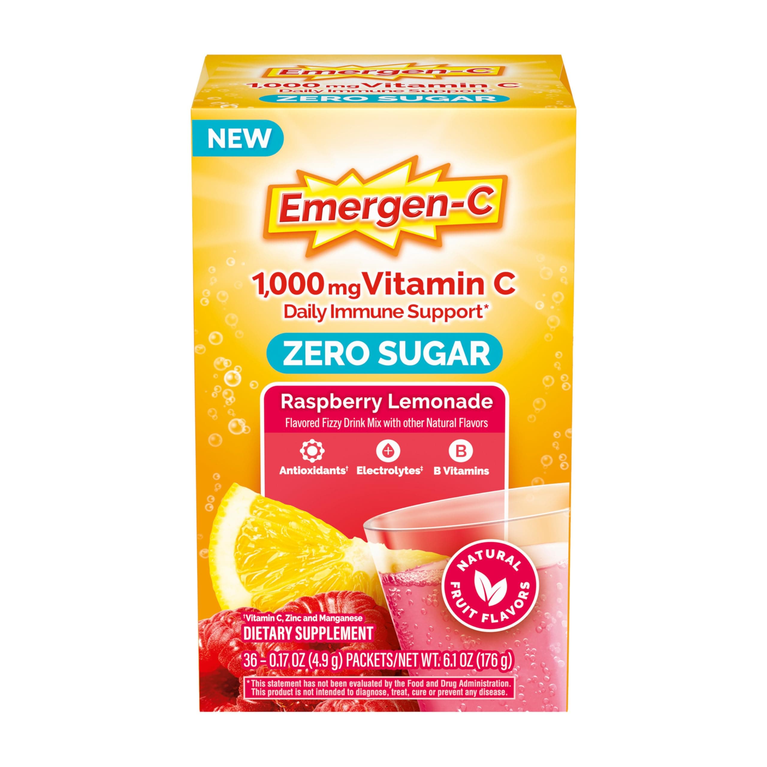 Zero Sugar 1000 mg Vitamin C Powder for Daily Immune Support Caffeine Free Vitamin C Supplements with Zinc and Manganese, B Vitamins and Electrolytes, Raspberry Lemonade Flavor - 36 Count