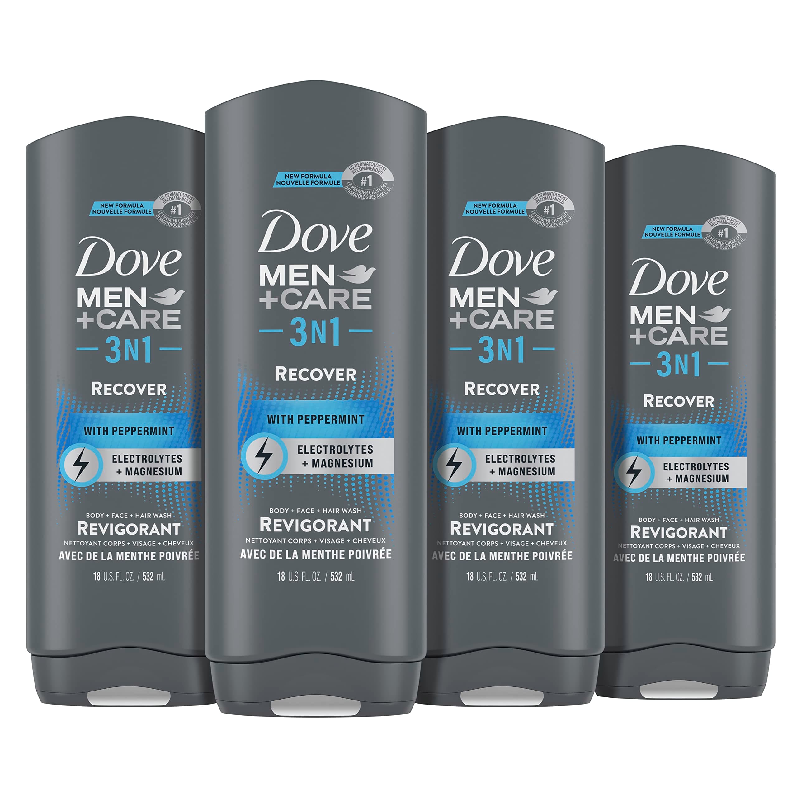 Dove Men+Care Post-Workout 3-IN-1 (Body + Face + Hair Wash) With Peppermint 4 Count Infused with Electrolytes + Magnesium 18 oz