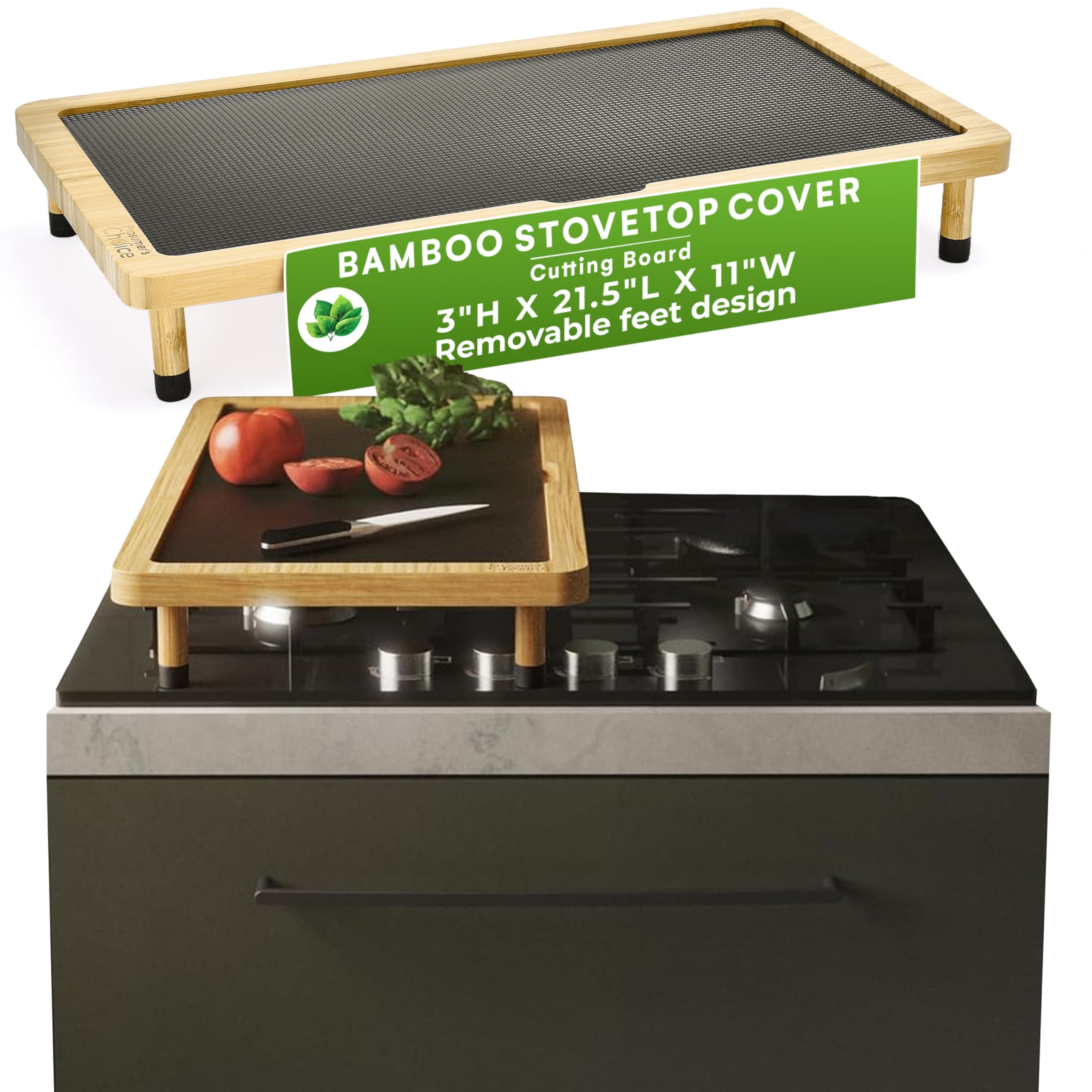 Prosumer's Choice Bamboo Stove Top Cover Board - Versatile Wooden Cutting Board for Kitchen with Removable Feet - Large Surface and Durable for Gas or Electric Stoves, 3"H x 21.5"L x 11"W