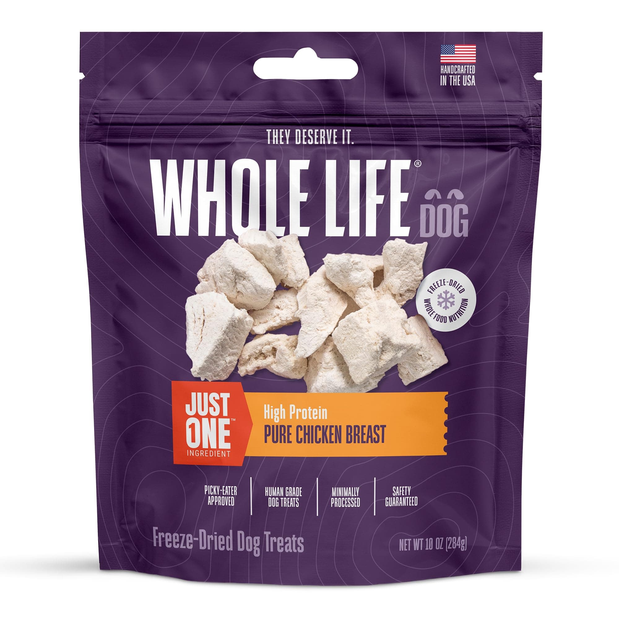 Whole Life Dog Just One Chicken Freeze Dried Dog Treats - Human Grade High Protein Food, Healthy Training Snacks, Freeze Dried Food Toppers, USA Made Natural Treats - 10 oz (Value Pack of 1)