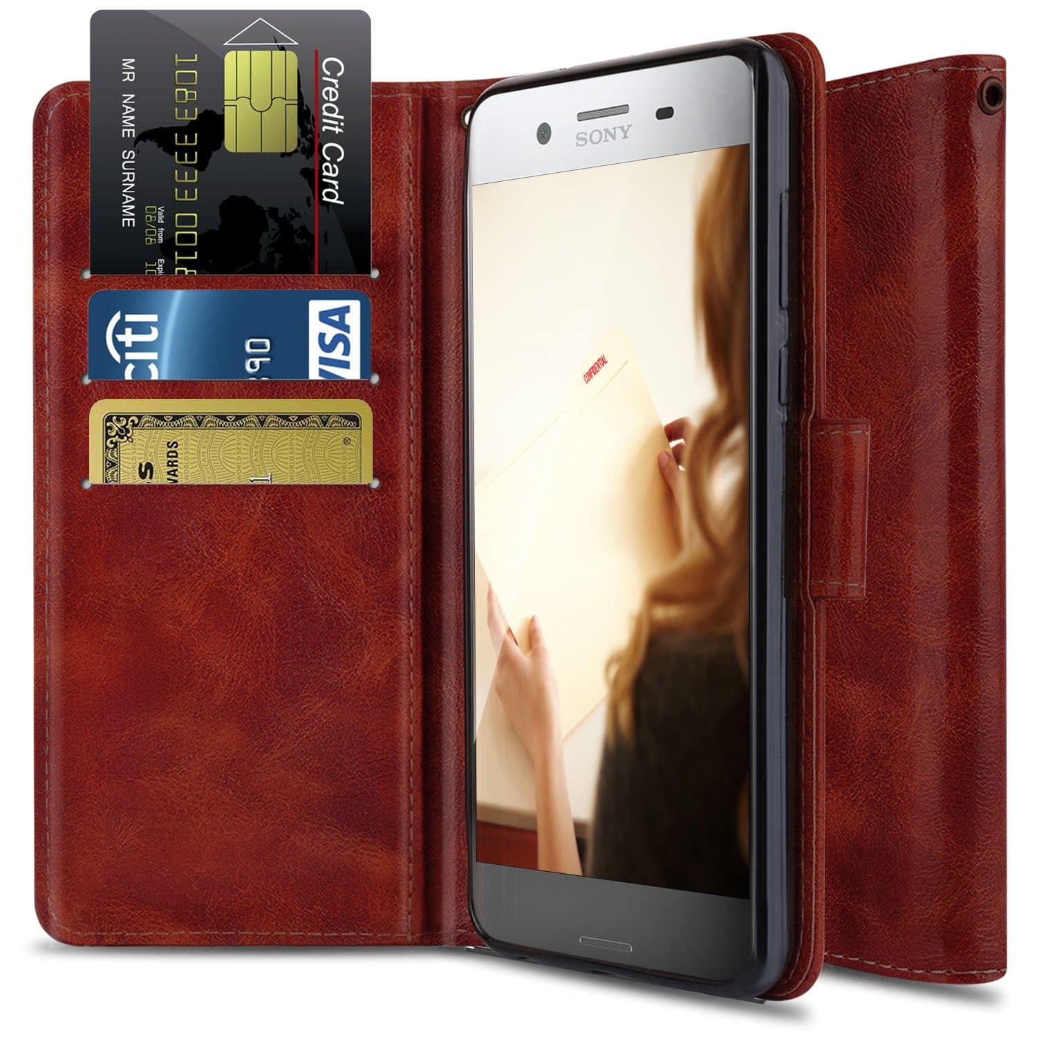 Sony Xperia XZ Premium Case , OTOONE Wallet Stand Case for Sony XZ Premium with Genuine PU Leather Flip Cover and Card Slot Holder Design for Sony XZ Premium G8141 (Burgundy)