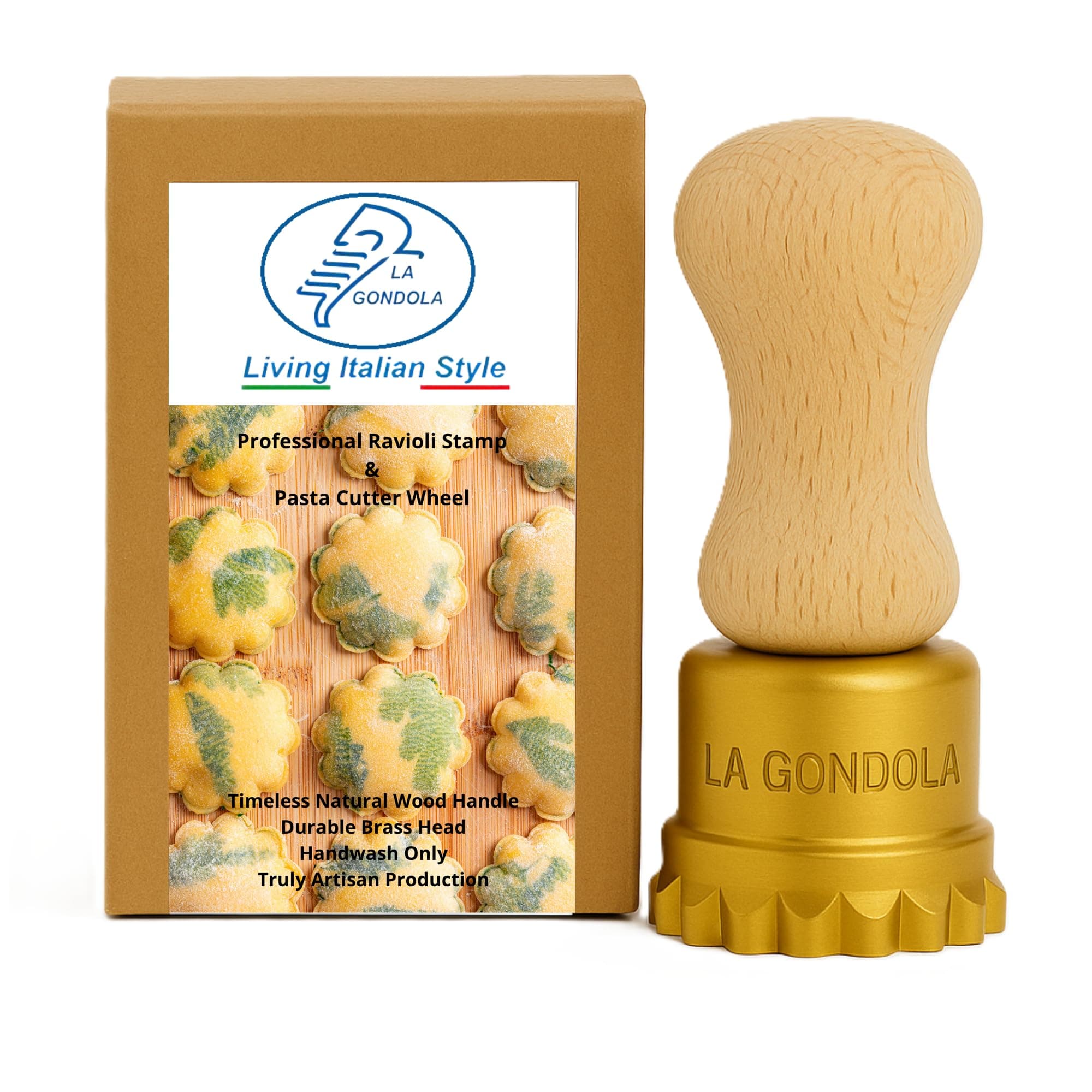 La Gondola Homemade Ravioli Stamp - Round Flower 1.97in | Italian Pasta Making Tool for Home and Business | Brass & Natural Wood | Sturdy & Easy to Use Ravioli Stamp | Ravioli Cutter Made in Italy