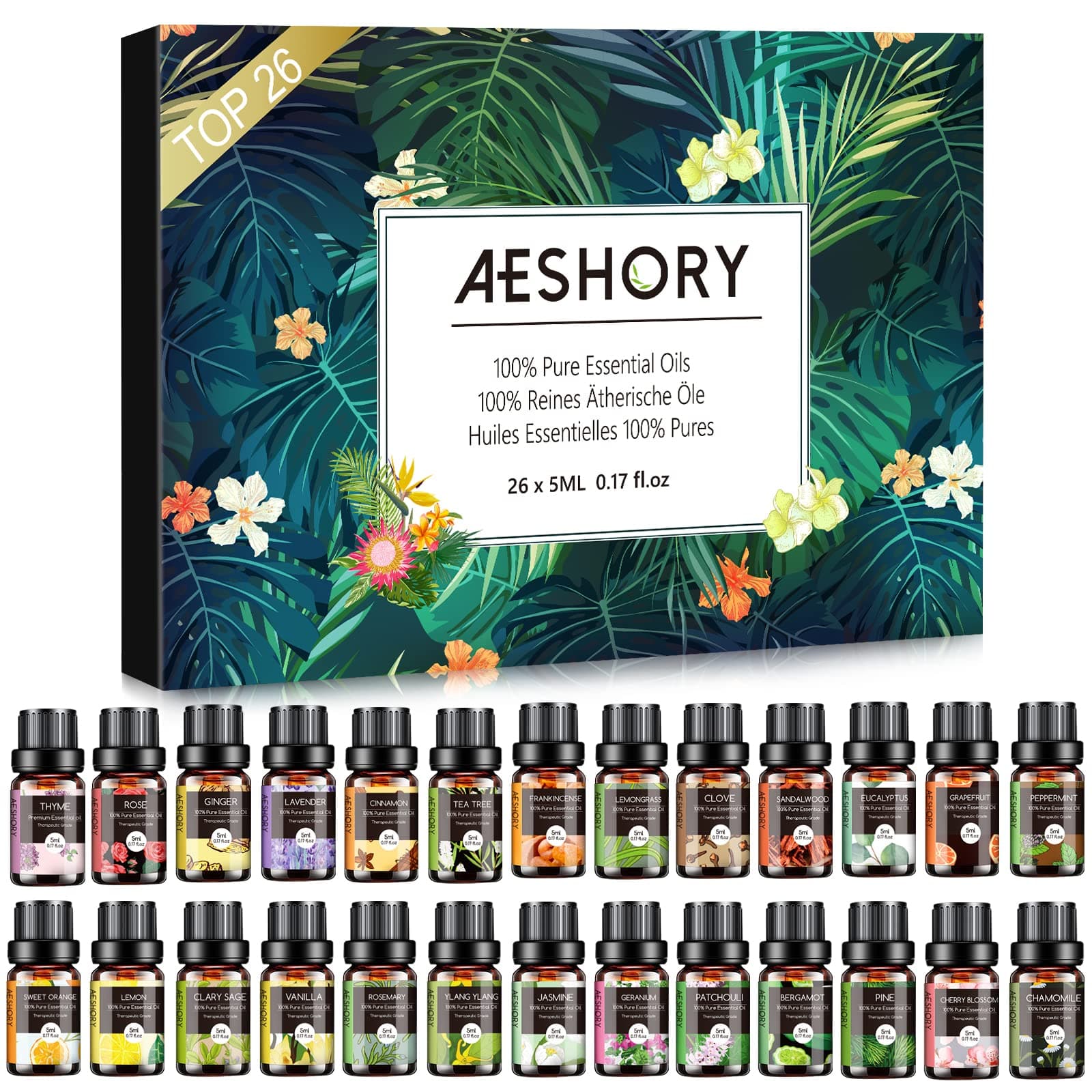 Essential Oils Set - 26x5ml Pure Aromatherapy Essential Oils Kit for Diffuser, Massage, Skin & Hair Care, Candle Making - Lavender, Tea Tree, Eucalyptus, Sandalwood, Peppermint, Rosemary, Lemongrass