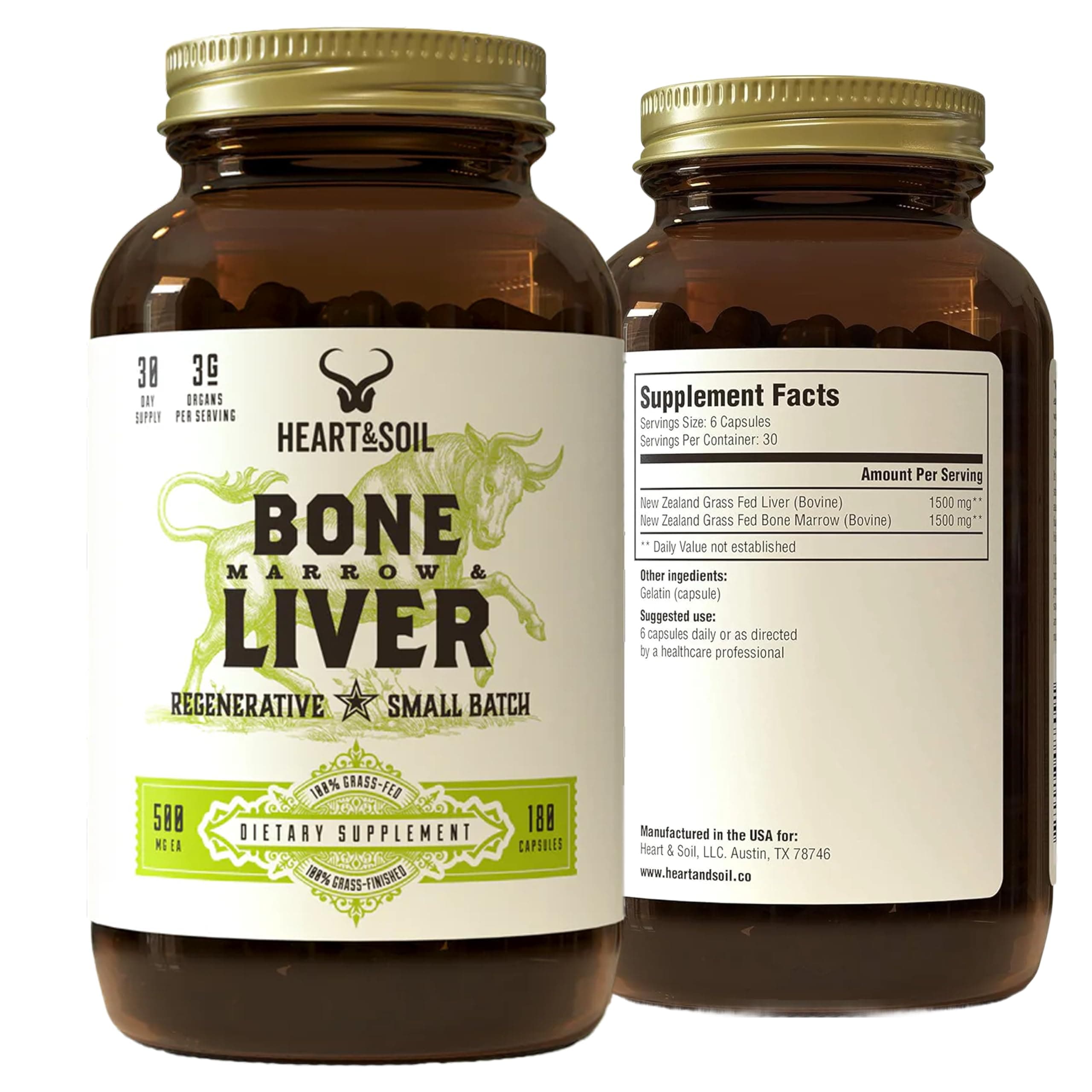 Heart & Soil – 100% Grass Fed & Finished Bone Marrow & Beef Liver from Regenerative Cattle – Supports Bones, joints, Tissue & Skin – 3000mg Libido Booster For Women & Men – Glass Bottle – 180 Capsules