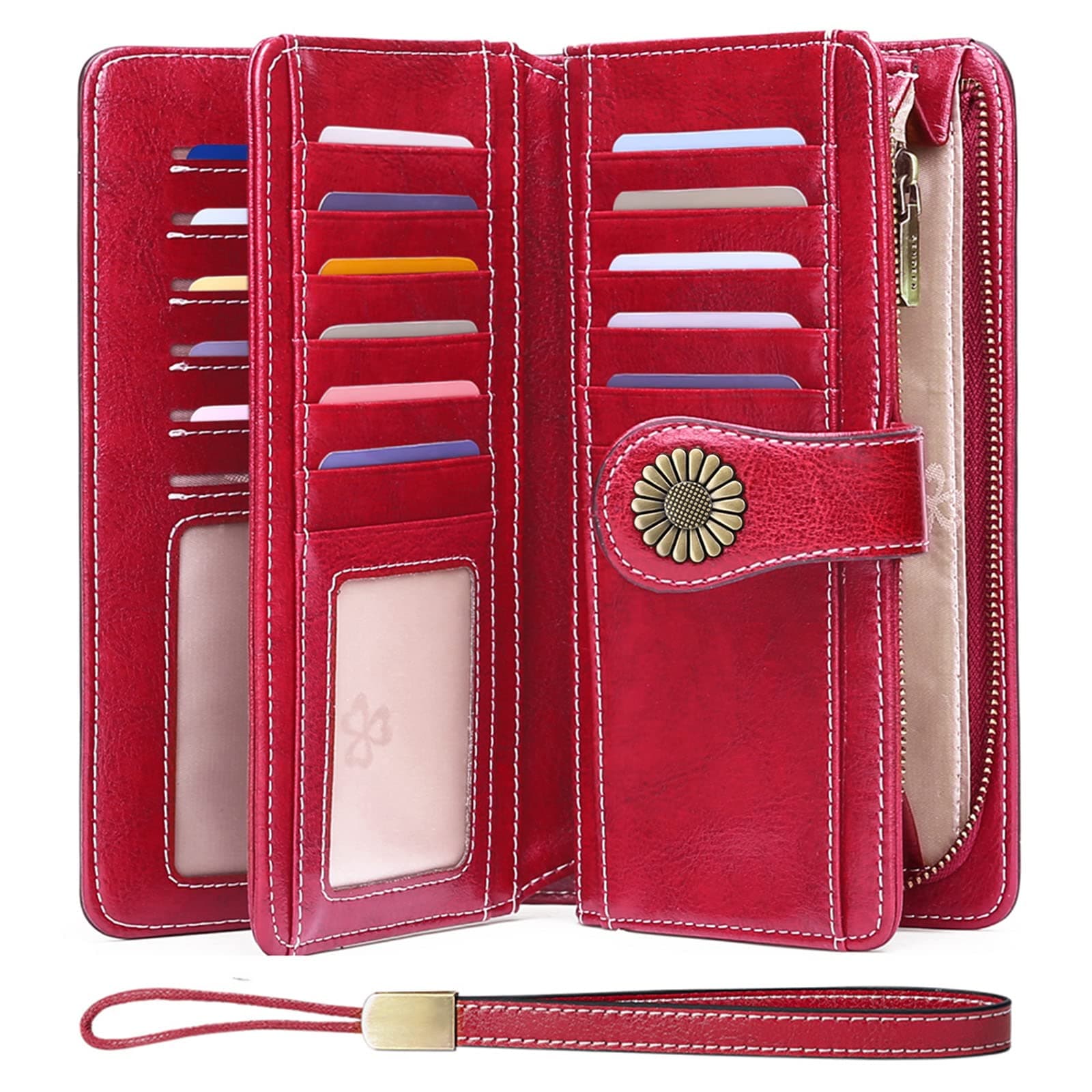 SENDEFNWallets for Women Genuine Leather Credit Card Holder with RFID Blocking Large Capacity Wristlet