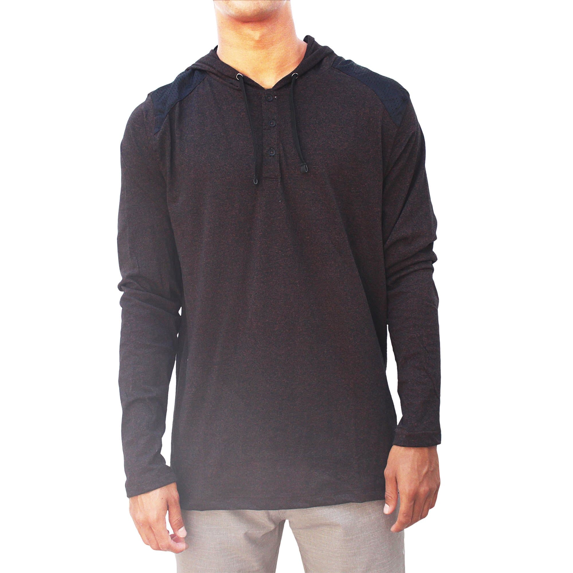 Burnside Mens French Terry 3 Button Down Hooded Henley Shirt (Medium, Brown)