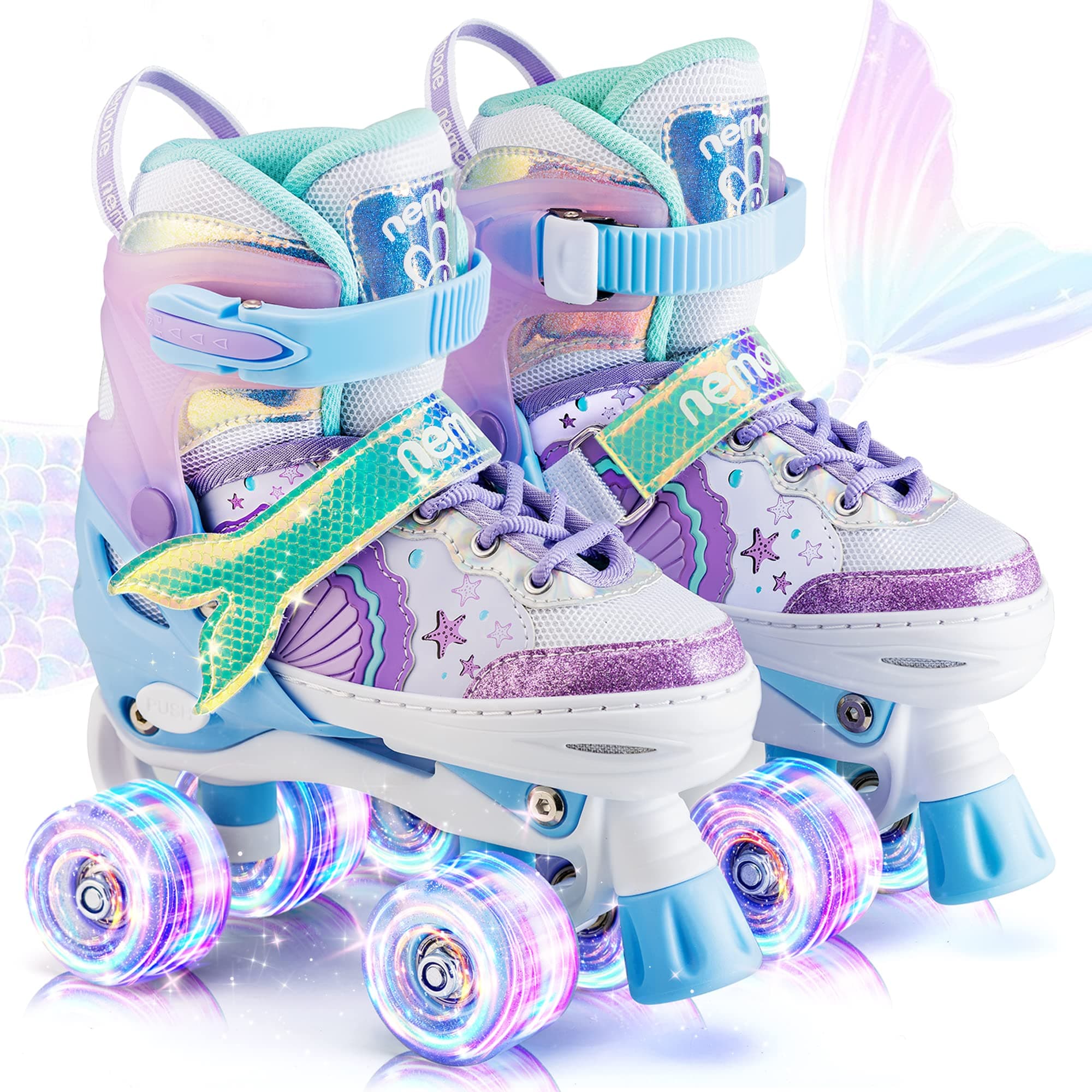 NEMONE Mermaid 4 Size Adjustable Light up Roller Skates for Girls, Purple Blue Skates for Toddlers, Beginner Kids Butterfly Roller Skates Indoor Outdoor