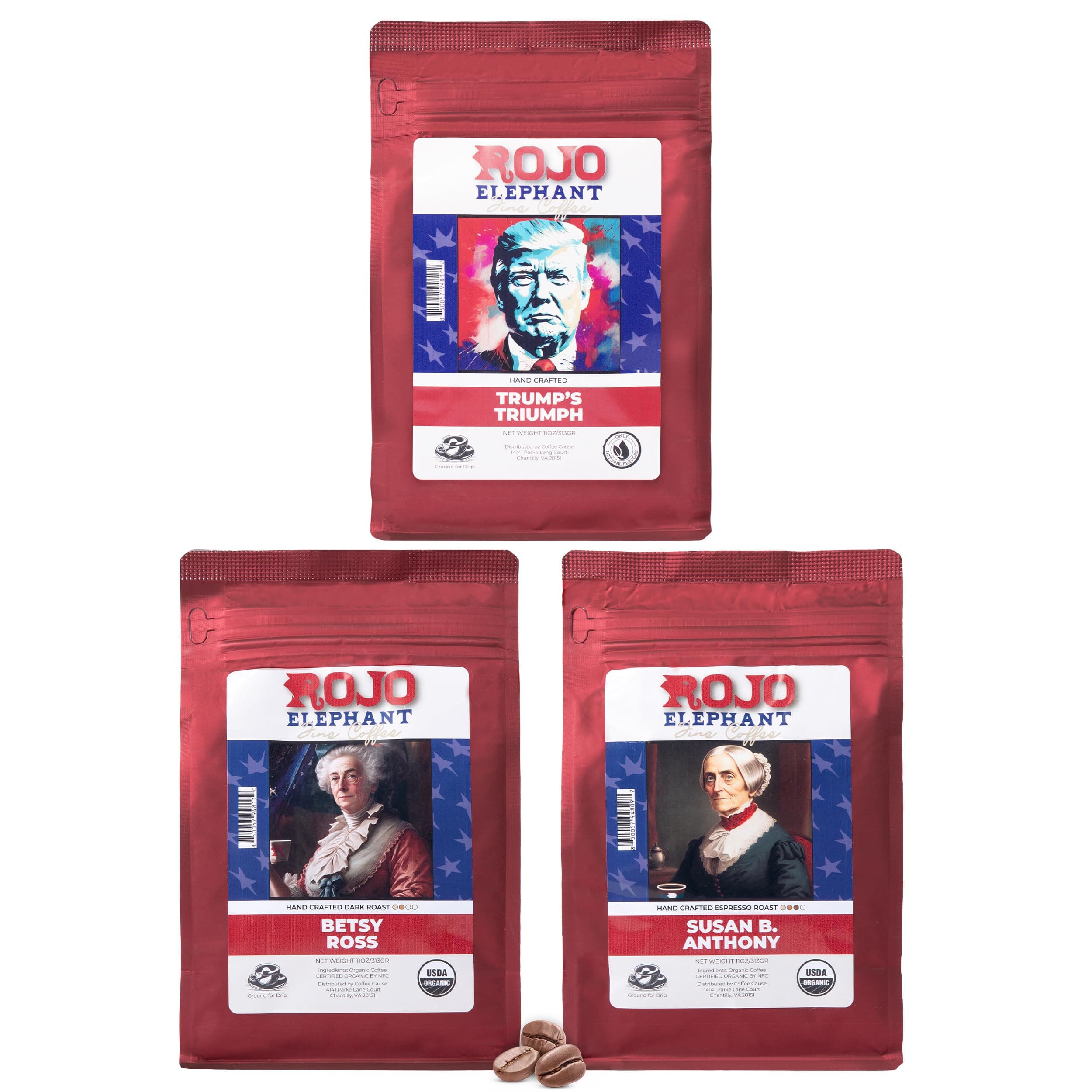Rojo Elephant Handcrafted Ground Coffee, 11 0z Bags 3 Pack, Trump's Triumph, Betsy Ross, Susan B. Anthony, Iconic SelectionUSDA Organic
