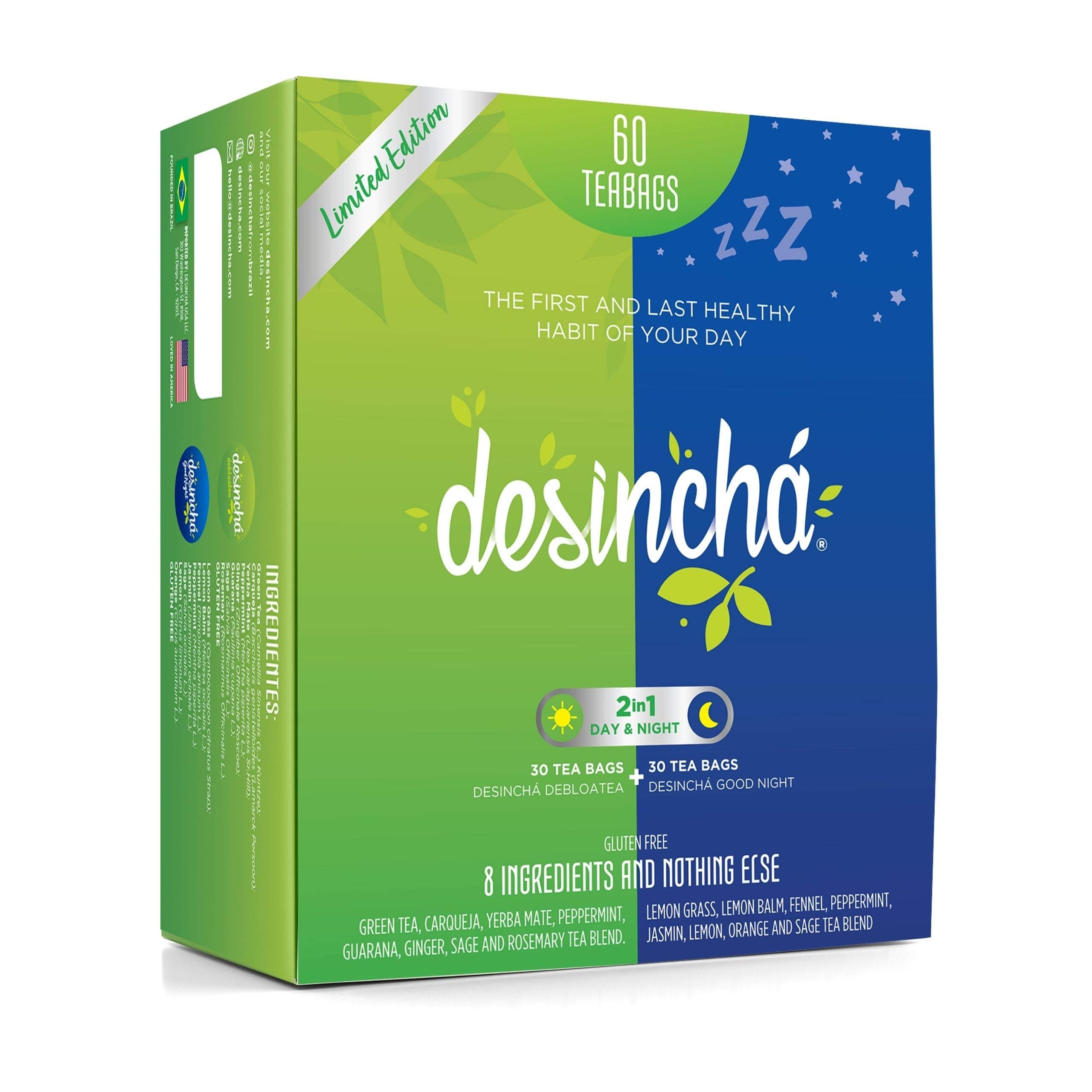 Desinchá Tea Mix - Day & Night Time Herbal Tea | Increase Energy, Supports Mental Focus & Metabolic Health I All 8 Natural Ingredients I 60 Day Supply