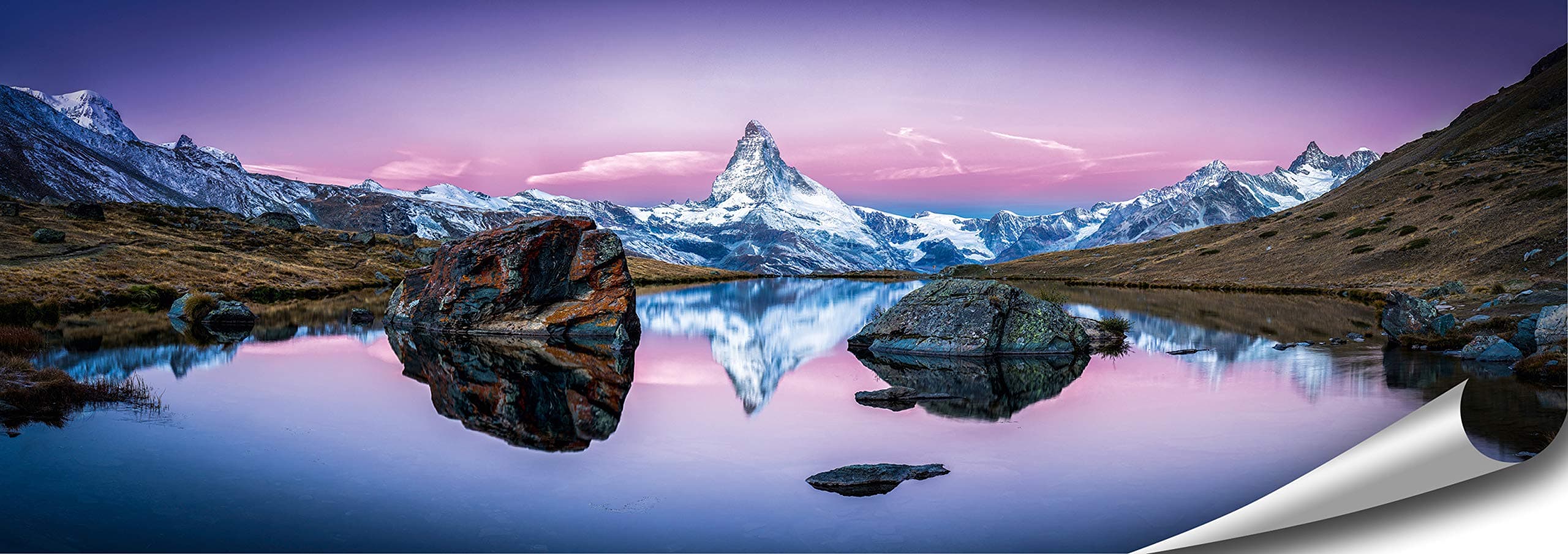 ARTBAY Mountains Poster HD XXL - 46.8 x 16.5 Inch (118.8 x 42 cm), Matterhorn and Riffel Lake, Zermatt, Switzerland | High-resolution wall decoration