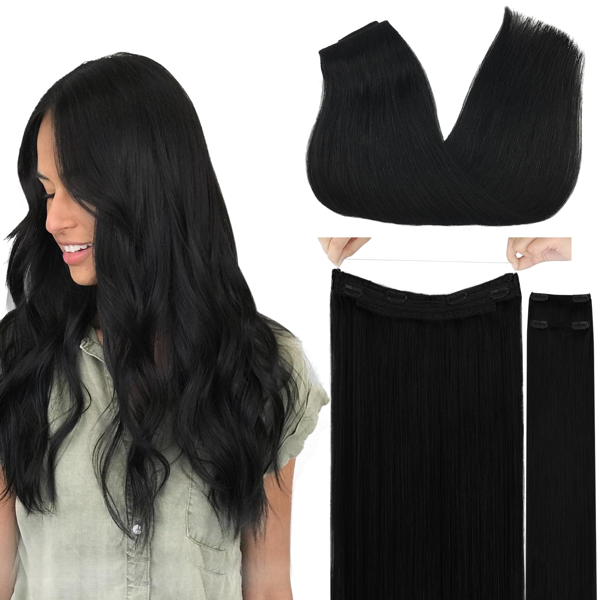 Wire Hair Extensions Human Hair, 1 Jet black Natural 18inch 125g, Invisible Wire Hair Extensions with Transparent, Seamless Fish Line Hairpiece