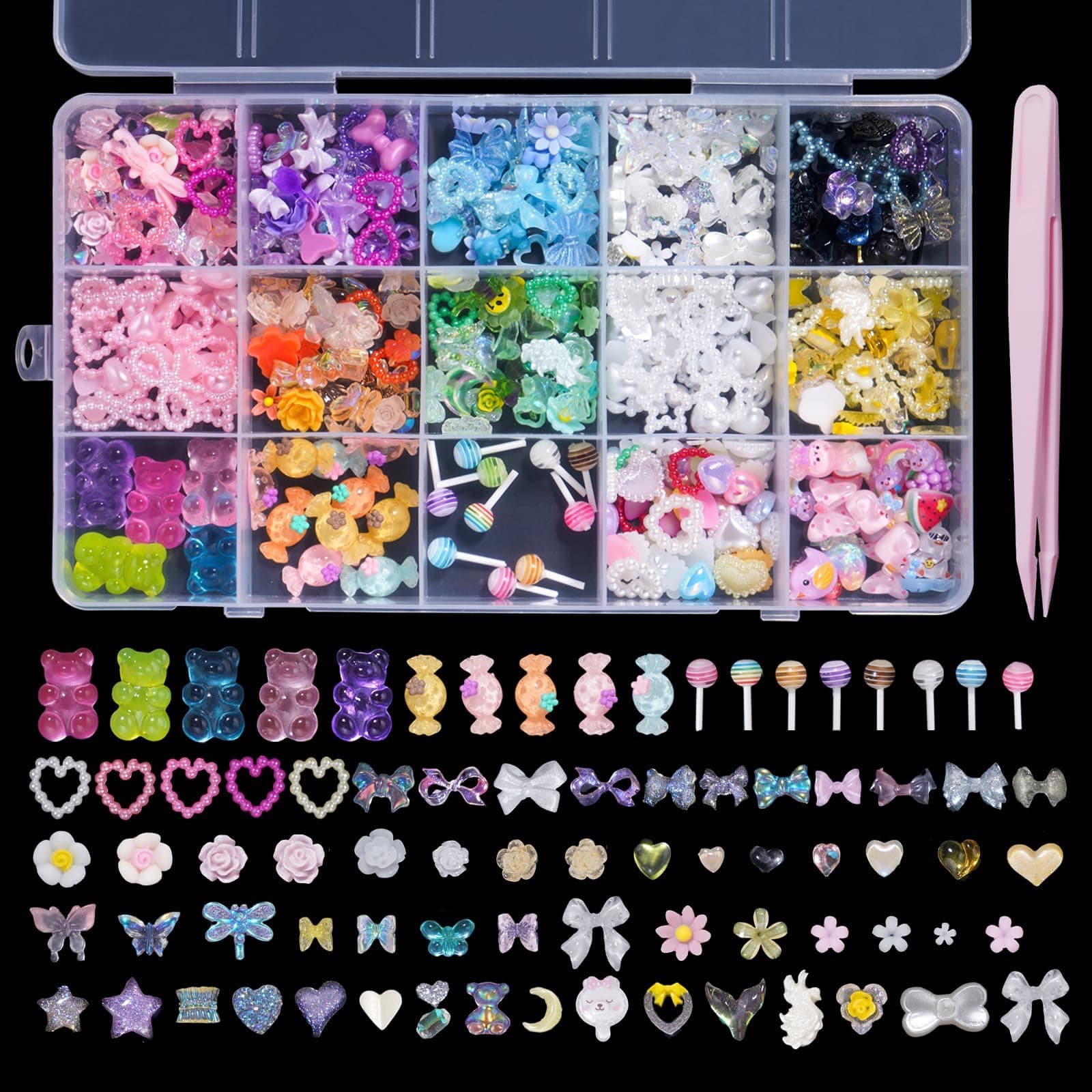 AnoleAir 3D Assorted Pearls Cute Charms Set - Colorful Flower, Heart, Butterfly, Bow, Star, Bear, Lollipop, Candy for Nail Manicure Crafts Accessories