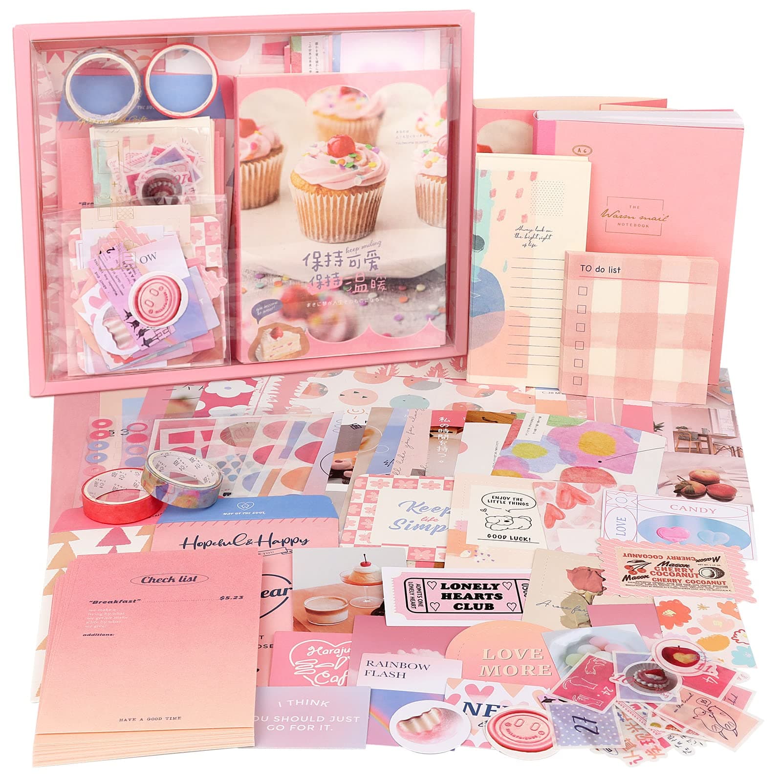 Draupnir Paper Pink Cute Kawaii Aesthetic Scrapbook Kit(348Pcs),Bullet Junk Journal Kit With Journaling/Scrapbooking Supplies,Stationery,A6 Grid Notebook With Graph Ruled Pages Diy Gift For Teen Girl